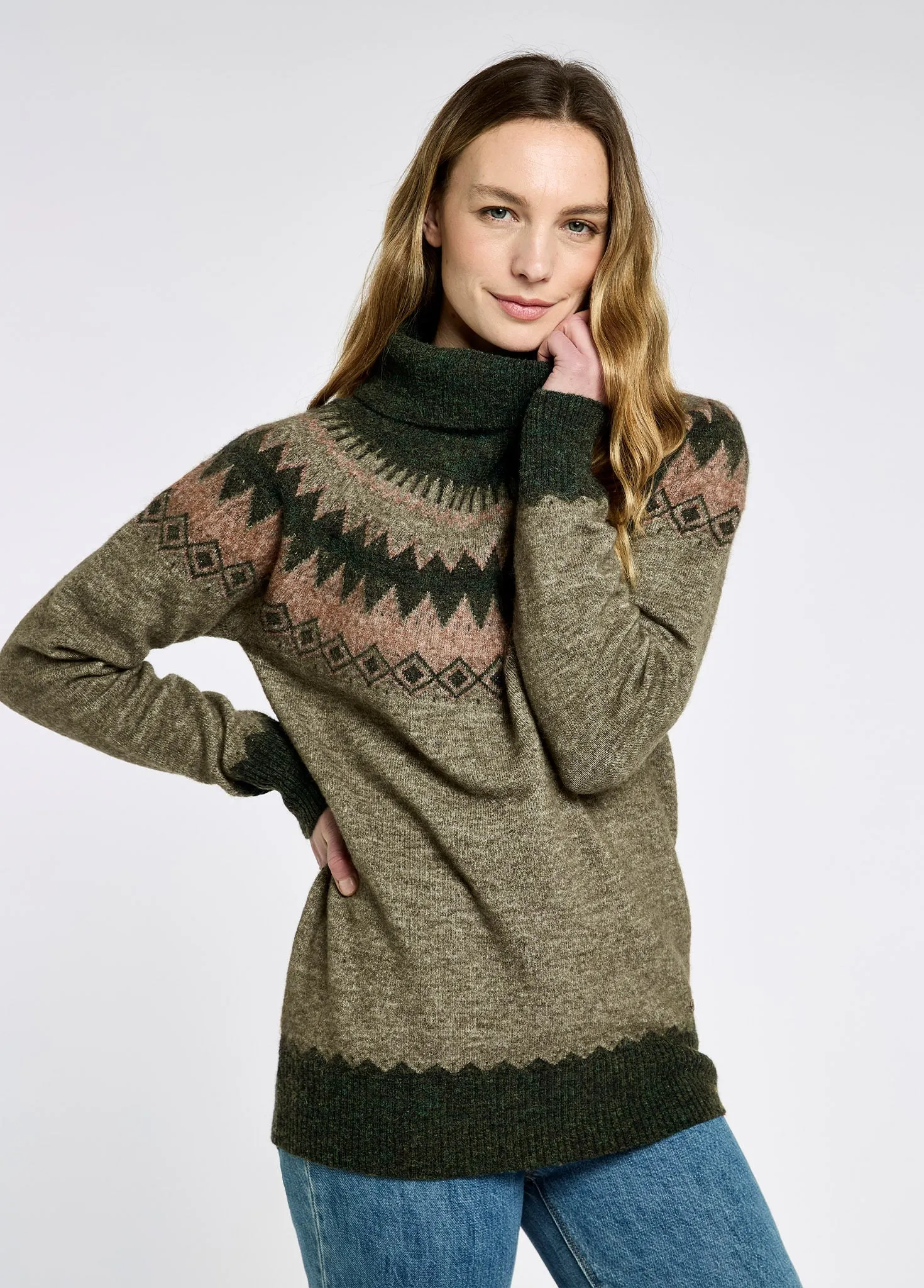 WrinkleResistant Textured Slub Yarn Devlin Women's Fair Isle pattern sweater - Olive