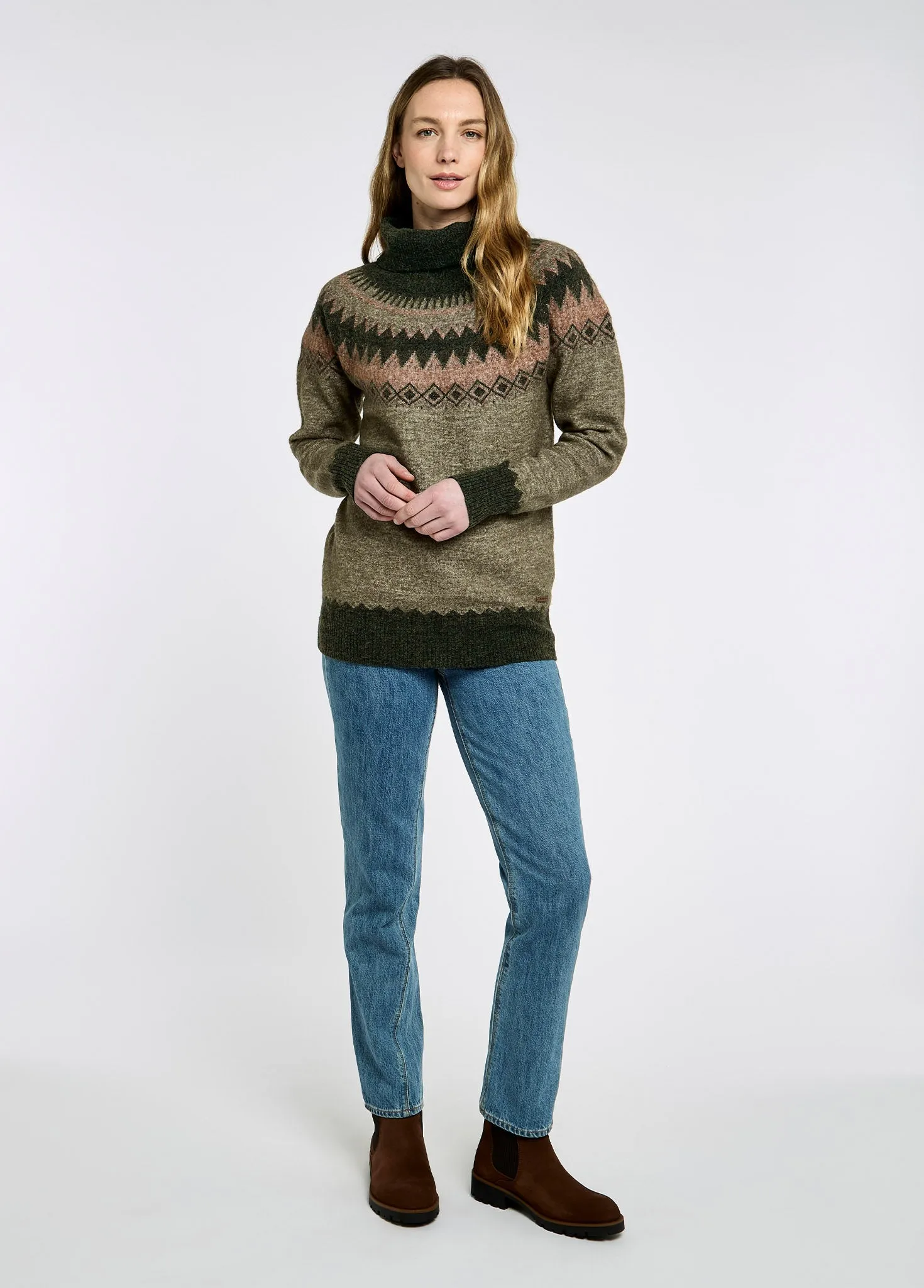 Devlin Women's Fair Isle pattern sweater - Olive Layered Edge Trim Clean Aesthetic