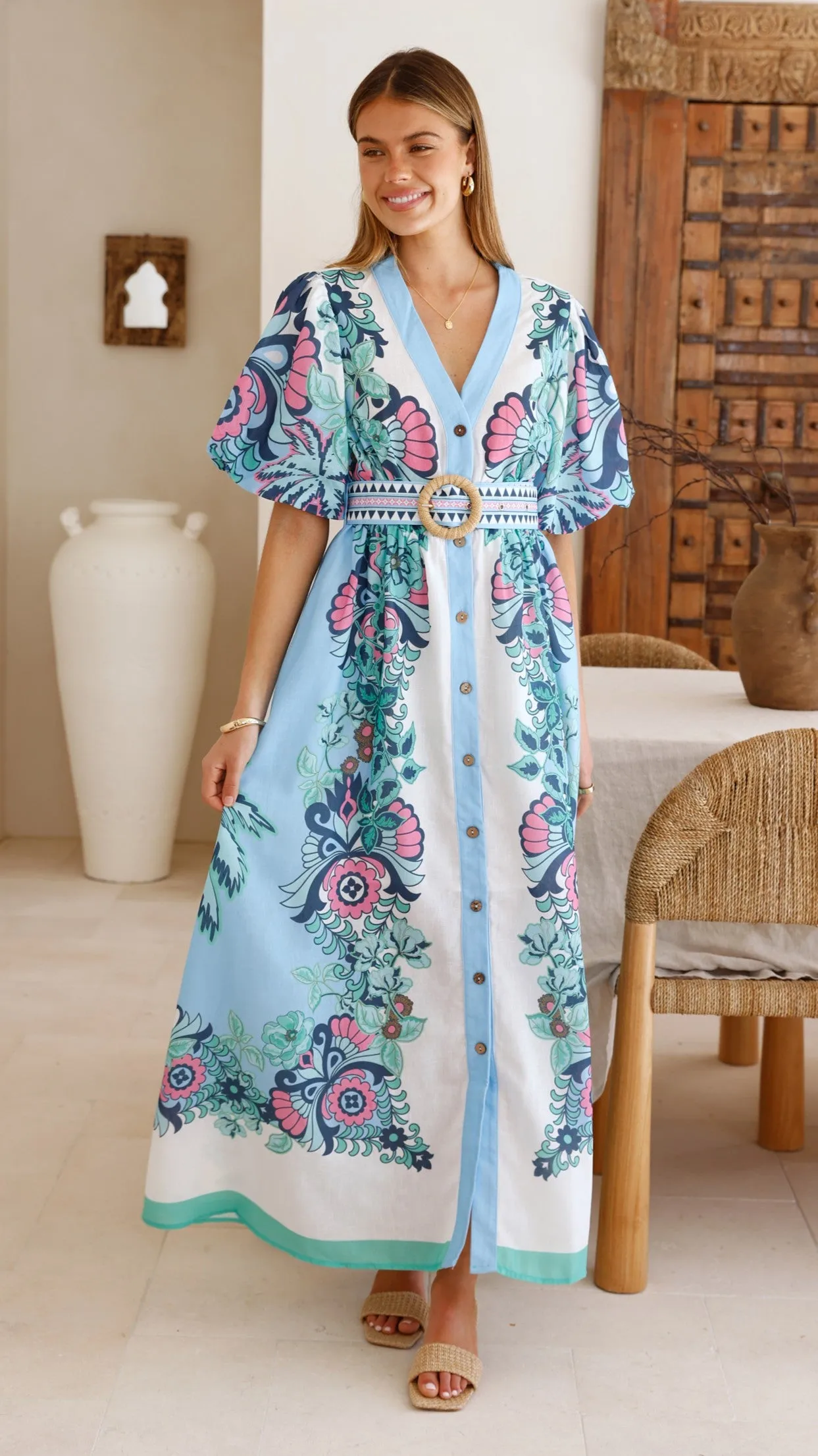 Dali Maxi Dress - Island Bloom Blue Fashionable Touch