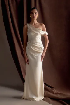 Luxe Wear Dalia Off Shoulder Satin Maxi Dress - Blush Gold