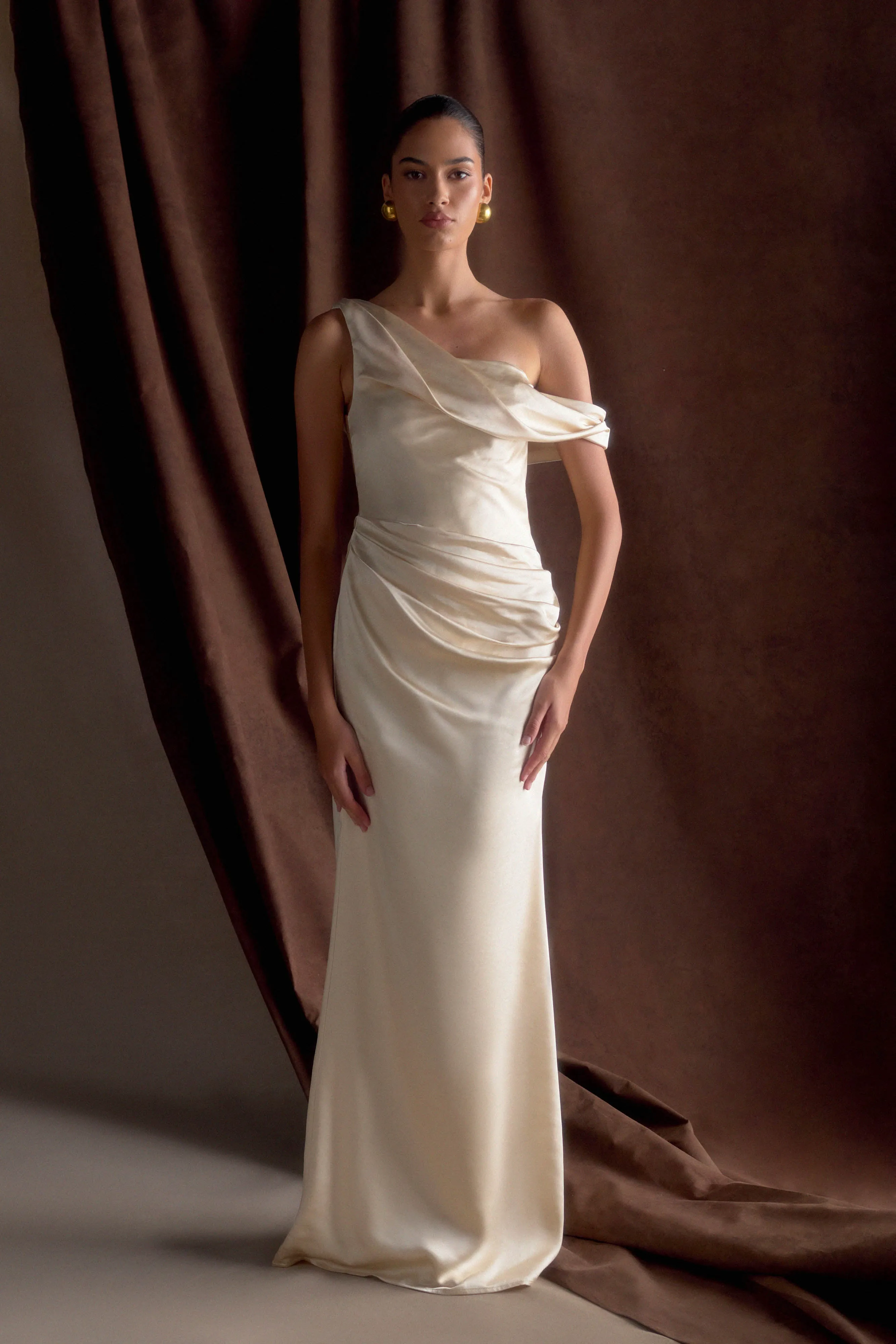 Luxe Wear Dalia Off Shoulder Satin Maxi Dress - Blush Gold