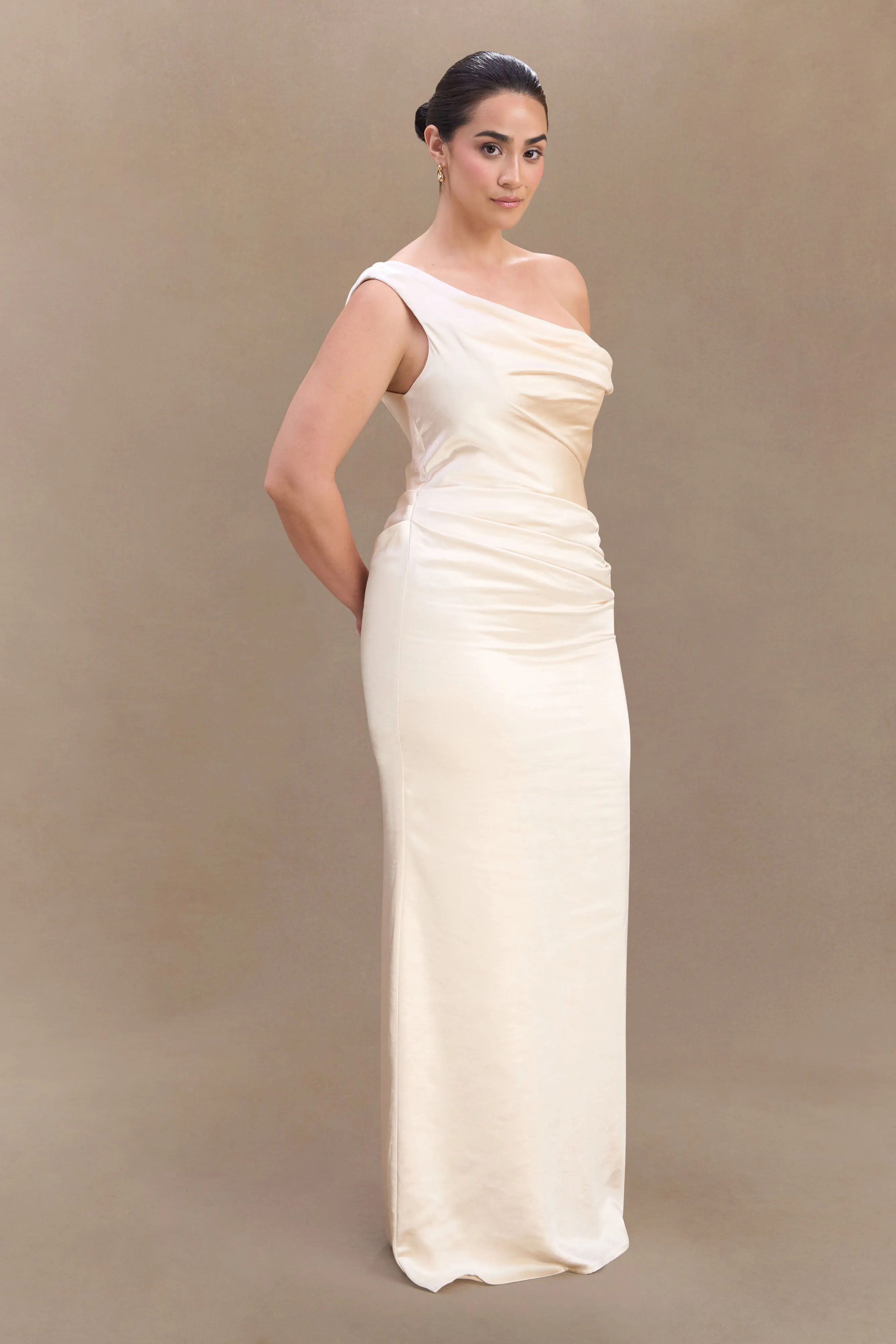 Dalia Off Shoulder Satin Maxi Dress - Blush Gold Gentle Motion Wave Soft