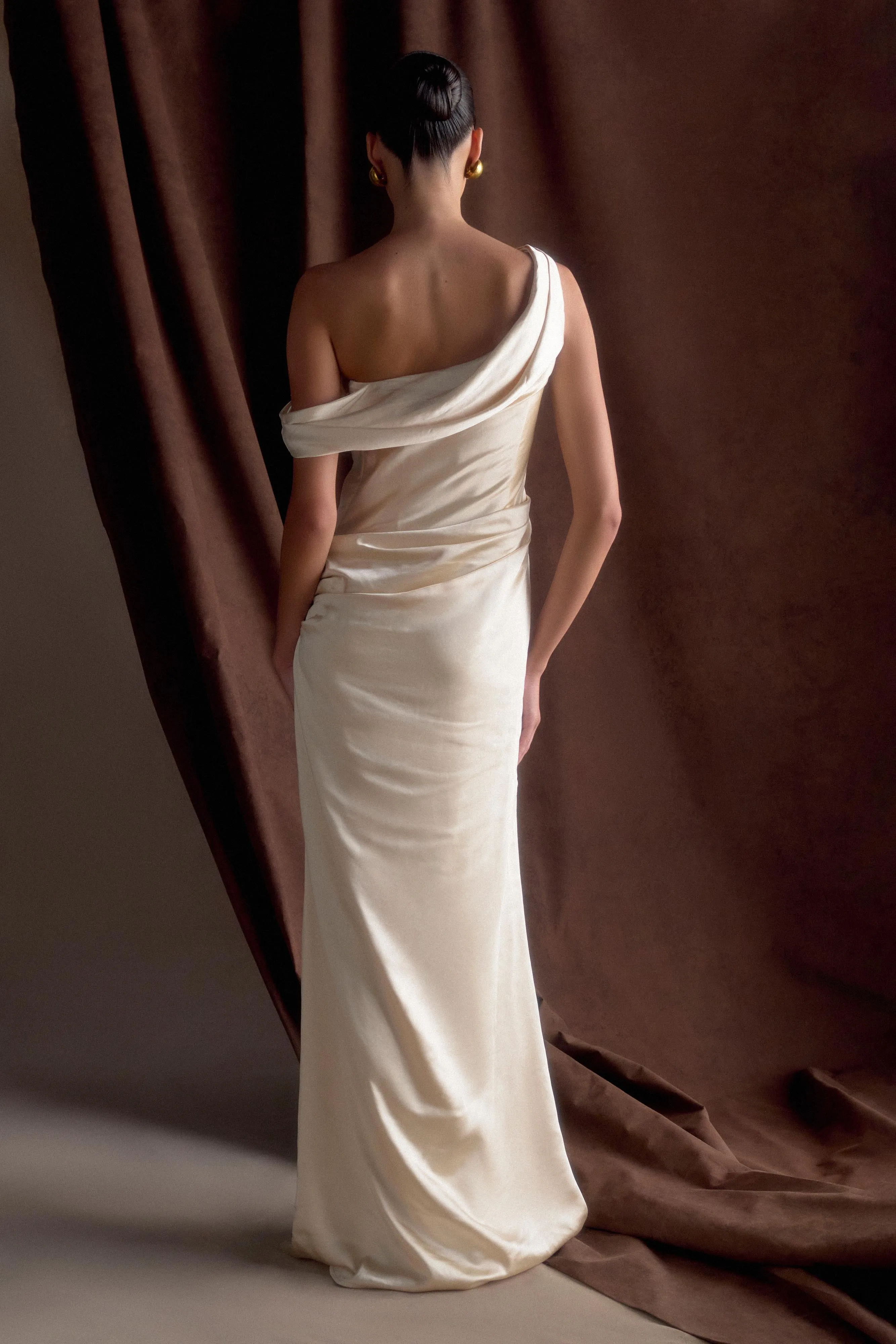 Dalia Off Shoulder Satin Maxi Dress - Blush Gold Formal Style Dew Tone