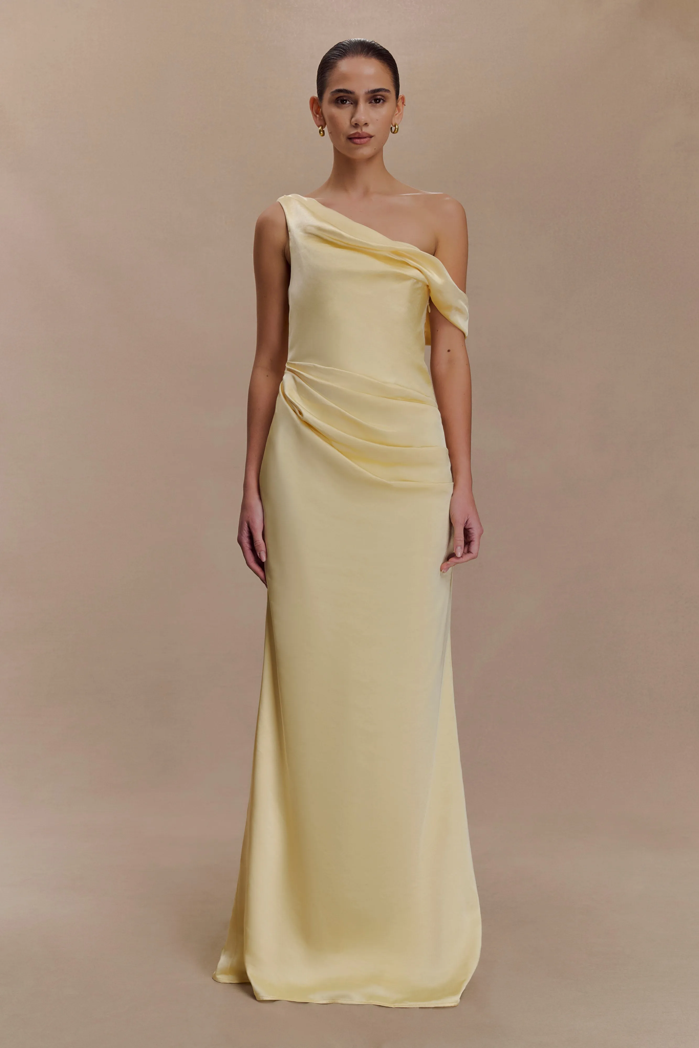 Dalia Off Shoulder Satin Maxi Dress - Lemon Shore Time Stud-Detail