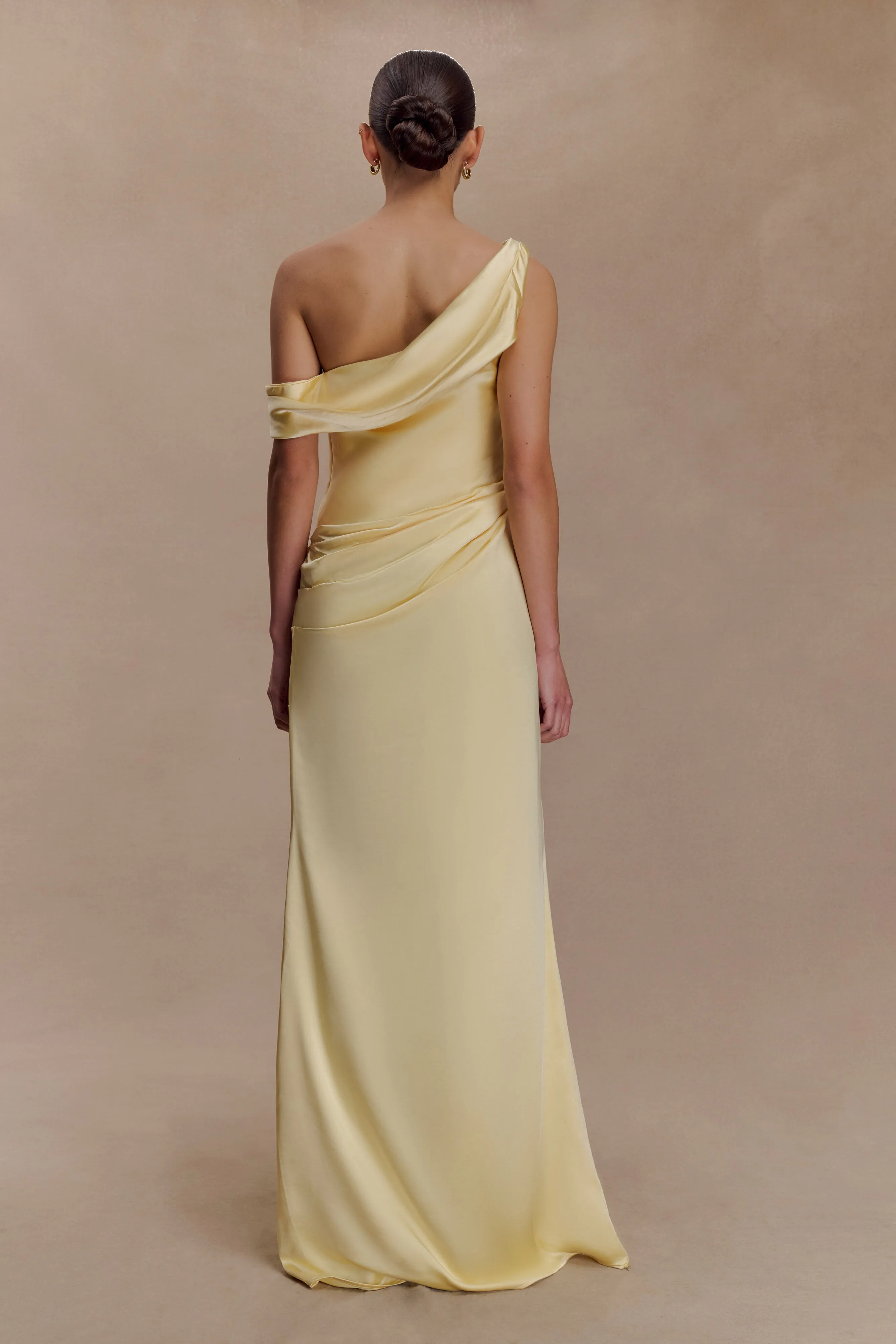 Dalia Off Shoulder Satin Maxi Dress - Lemon AntiStaticMaterial