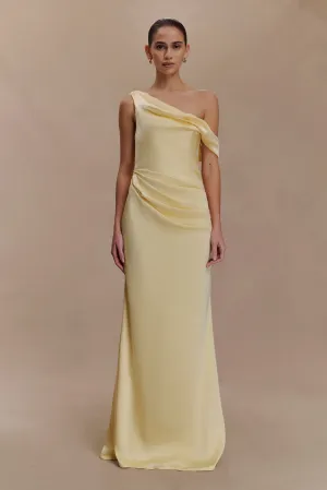 Dalia Off Shoulder Satin Maxi Dress - Lemon Shore Time Stud-Detail