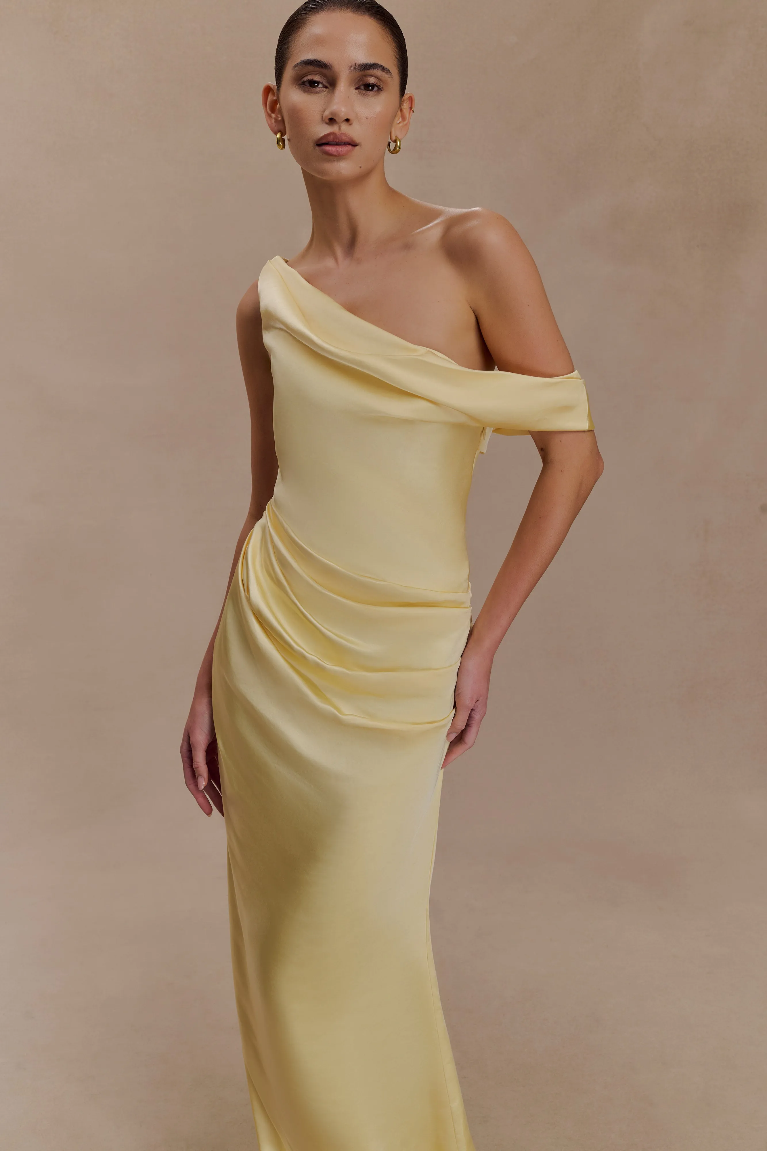 Balanced Lines Dalia Off Shoulder Satin Maxi Dress - Lemon