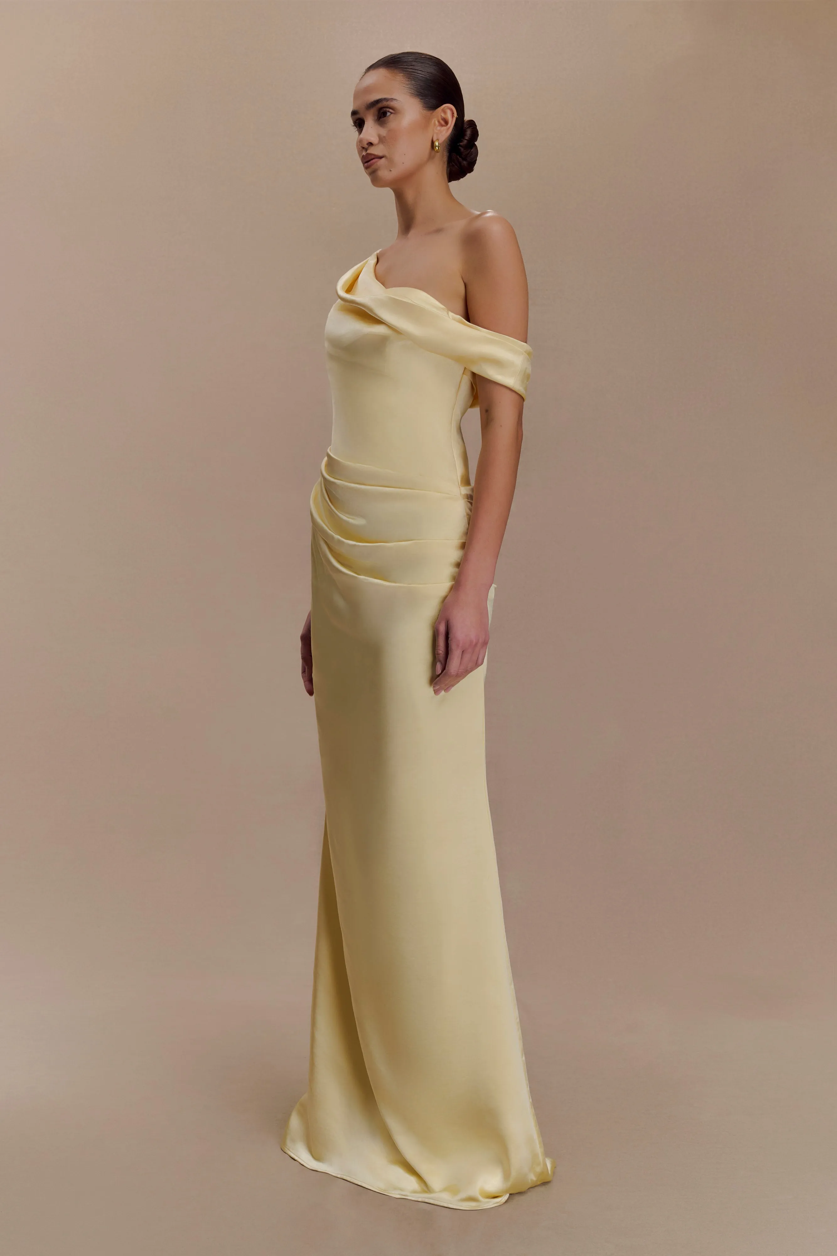 Dalia Off Shoulder Satin Maxi Dress - Lemon Office Smart LayeredHemline