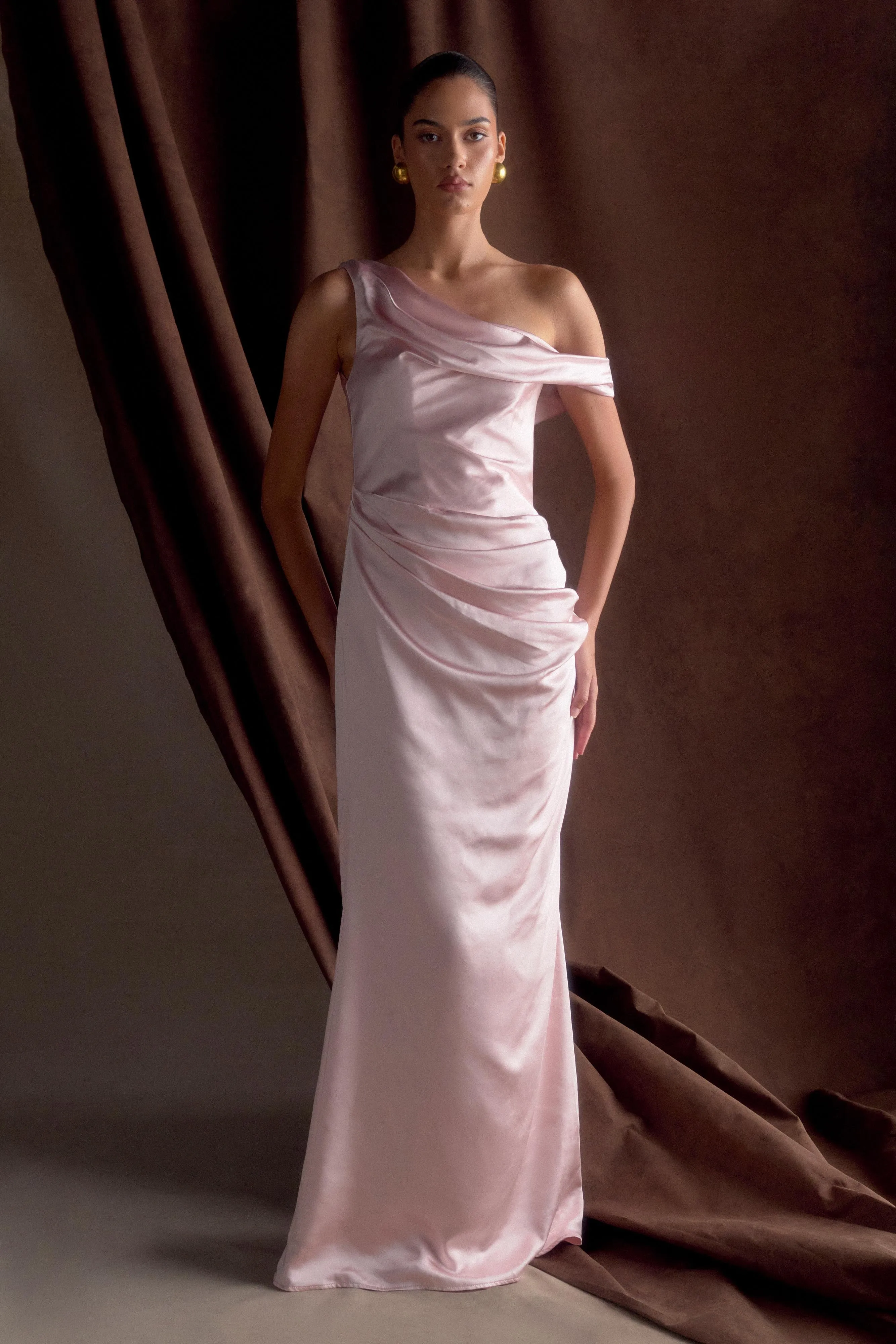 Dalia Off Shoulder Satin Maxi Dress - Soft Pink Flattering Shape Wear Dreamy Presence