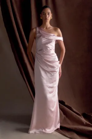 Dalia Off Shoulder Satin Maxi Dress - Soft Pink Flattering Shape Wear Dreamy Presence