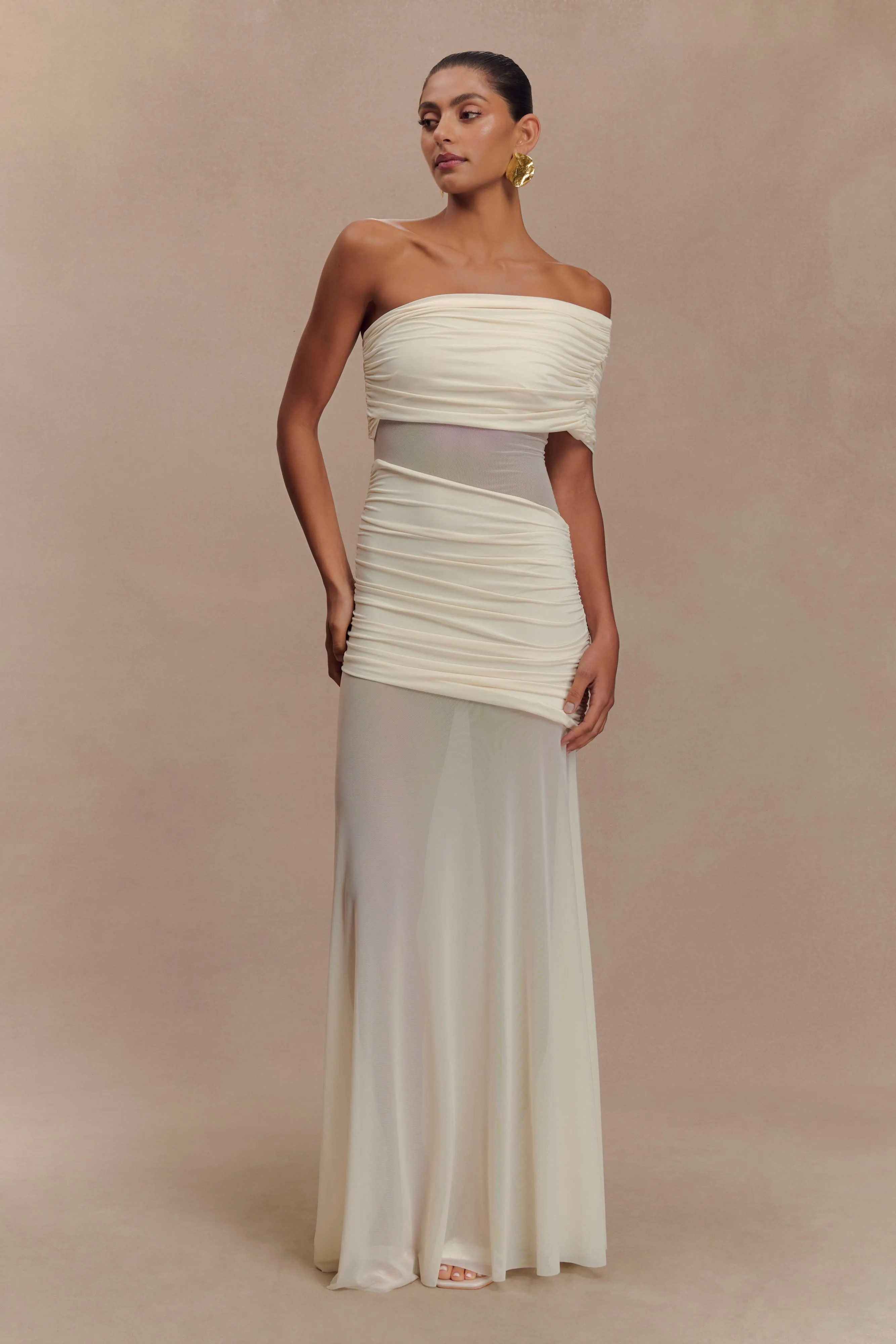 Dallas One Shoulder Mesh Maxi Dress - Ivory Soft Structure Calm Movement