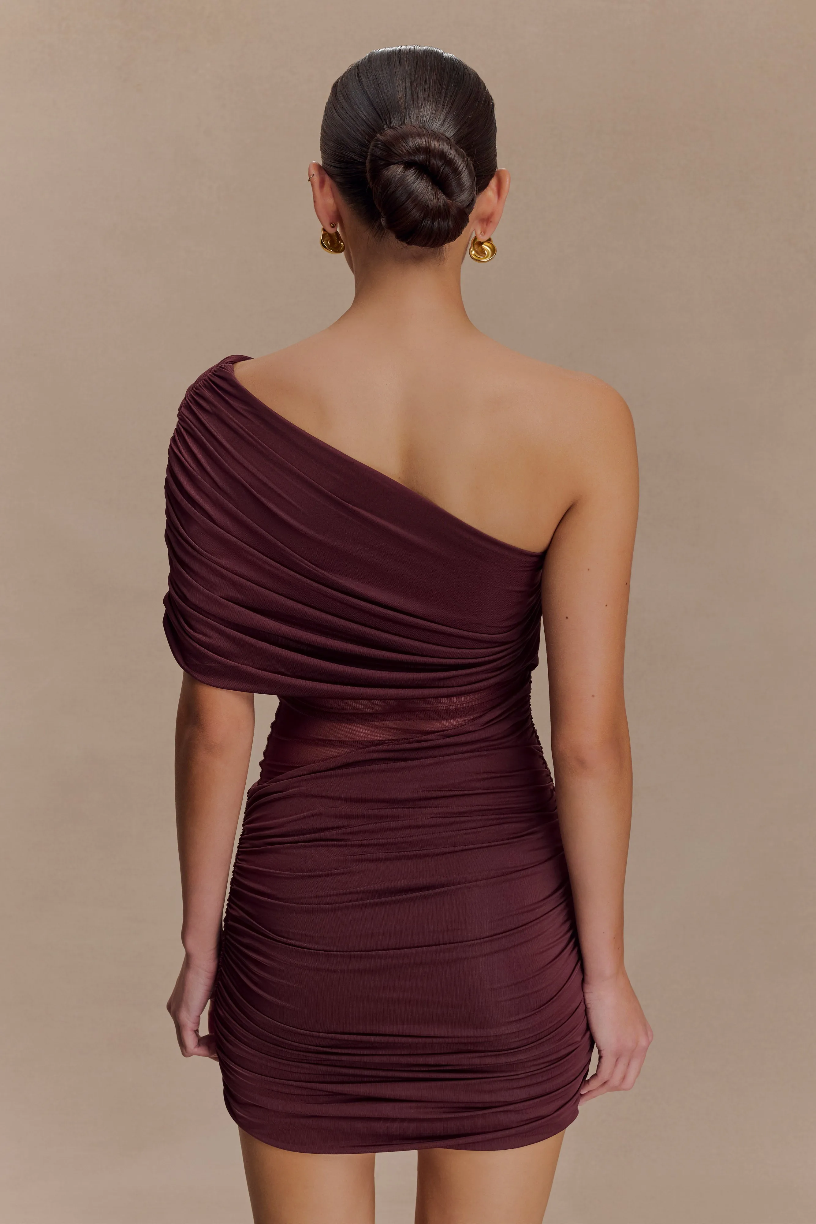 Dallas One Shoulder Mesh Mini Dress  - Mahogany Trendy Piece