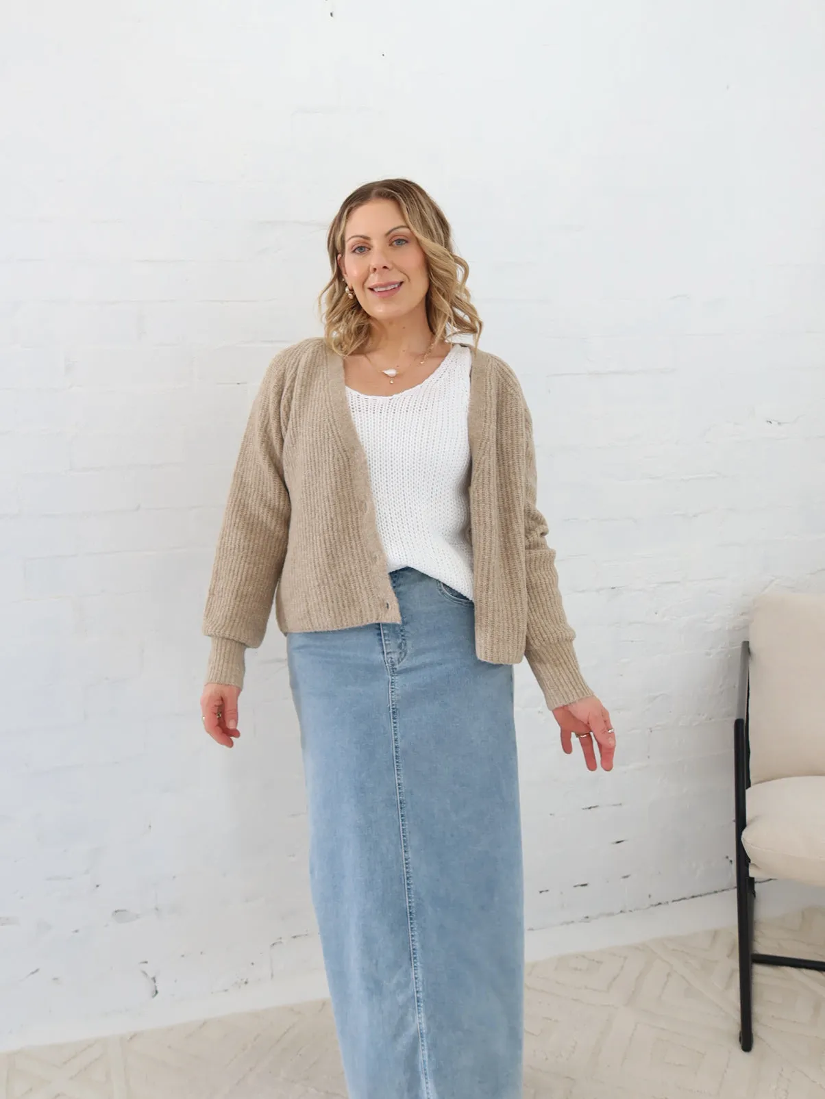 Dane Cardigan- Taupe Shrinkage Control Treatment UV Protection Finish