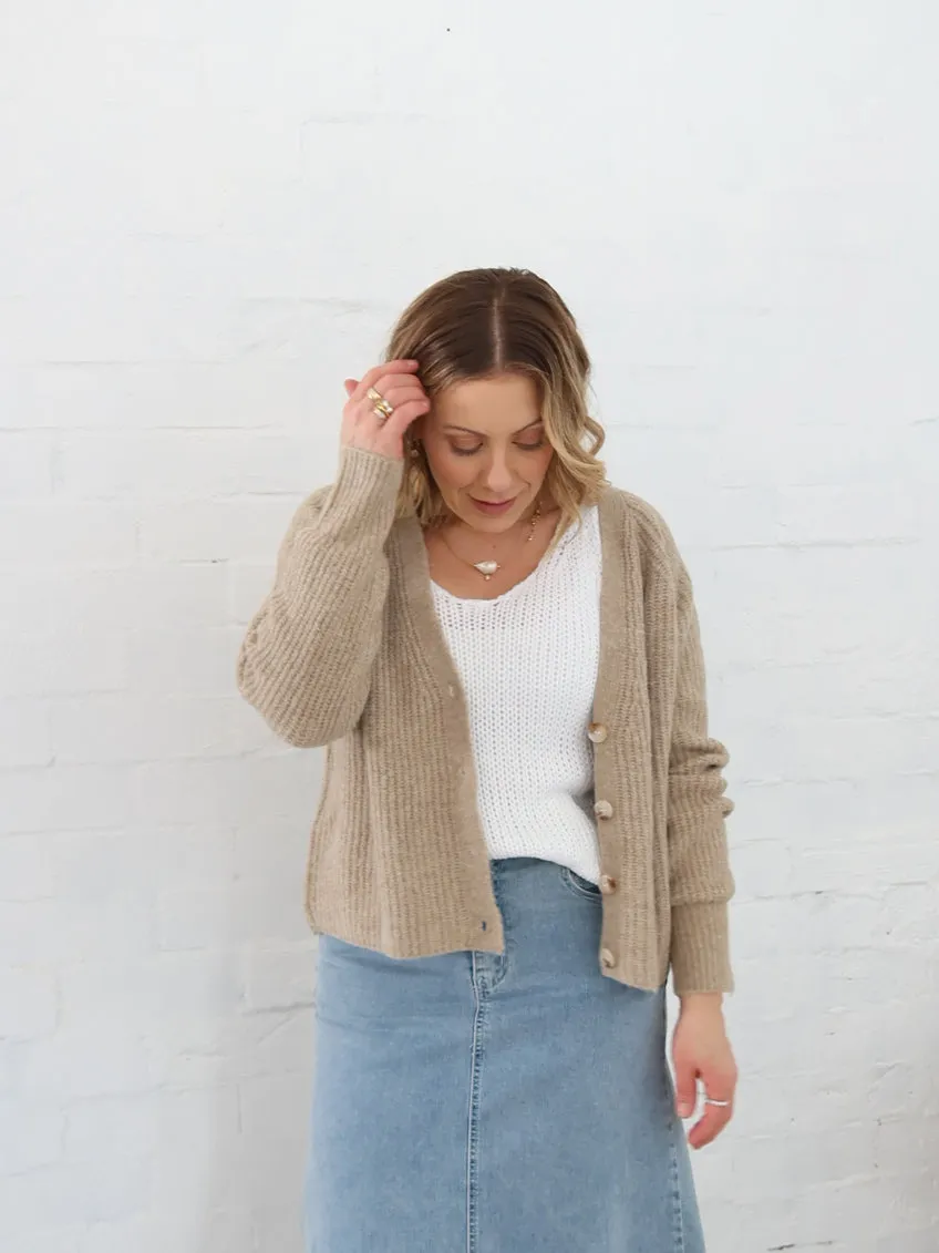 Dane Cardigan- Taupe Odor Resistant Blend Reinforced Stress Points