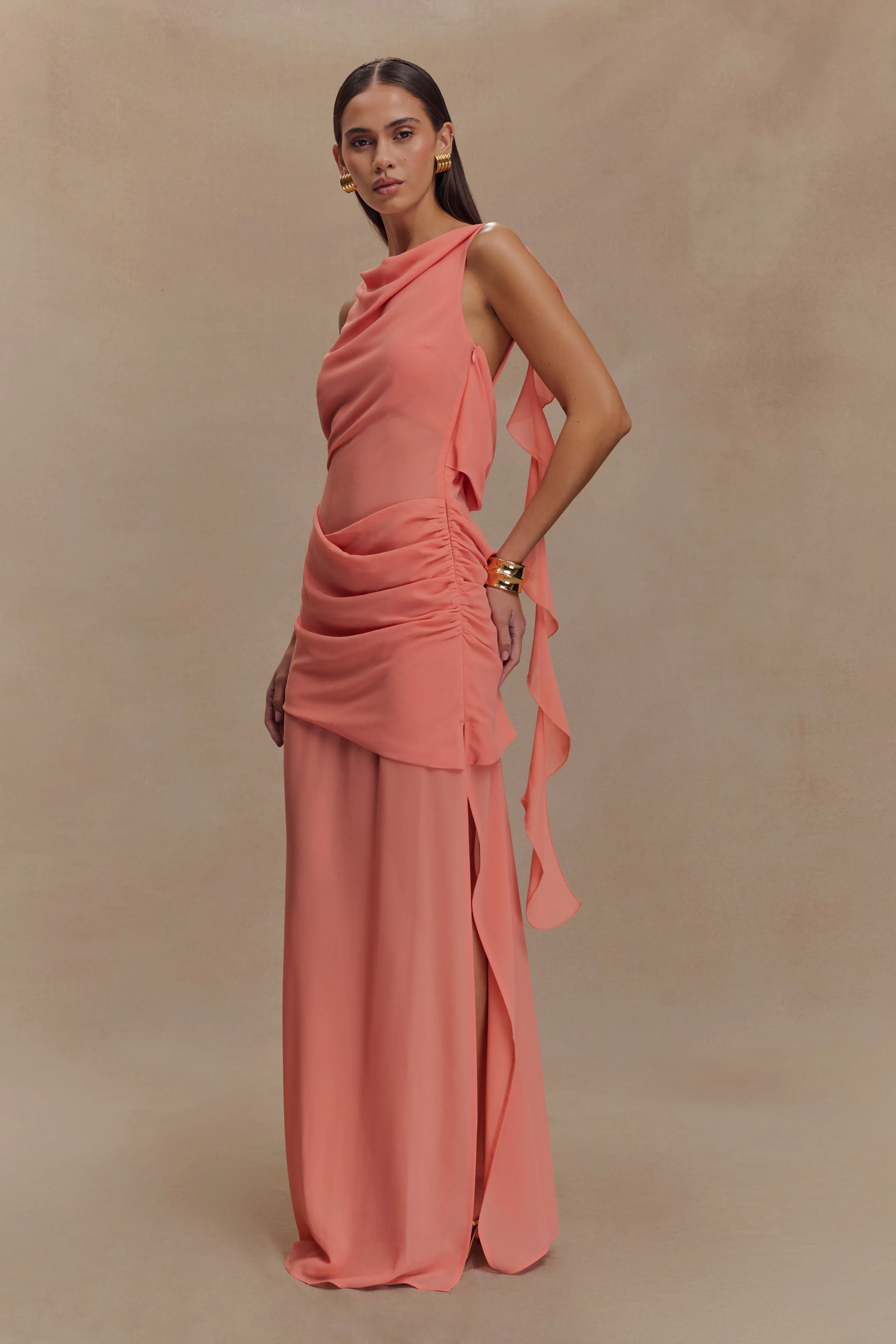 Bold Touches Modern Waistband Daria Draped Chiffon Maxi Dress - Pastel Nectarine