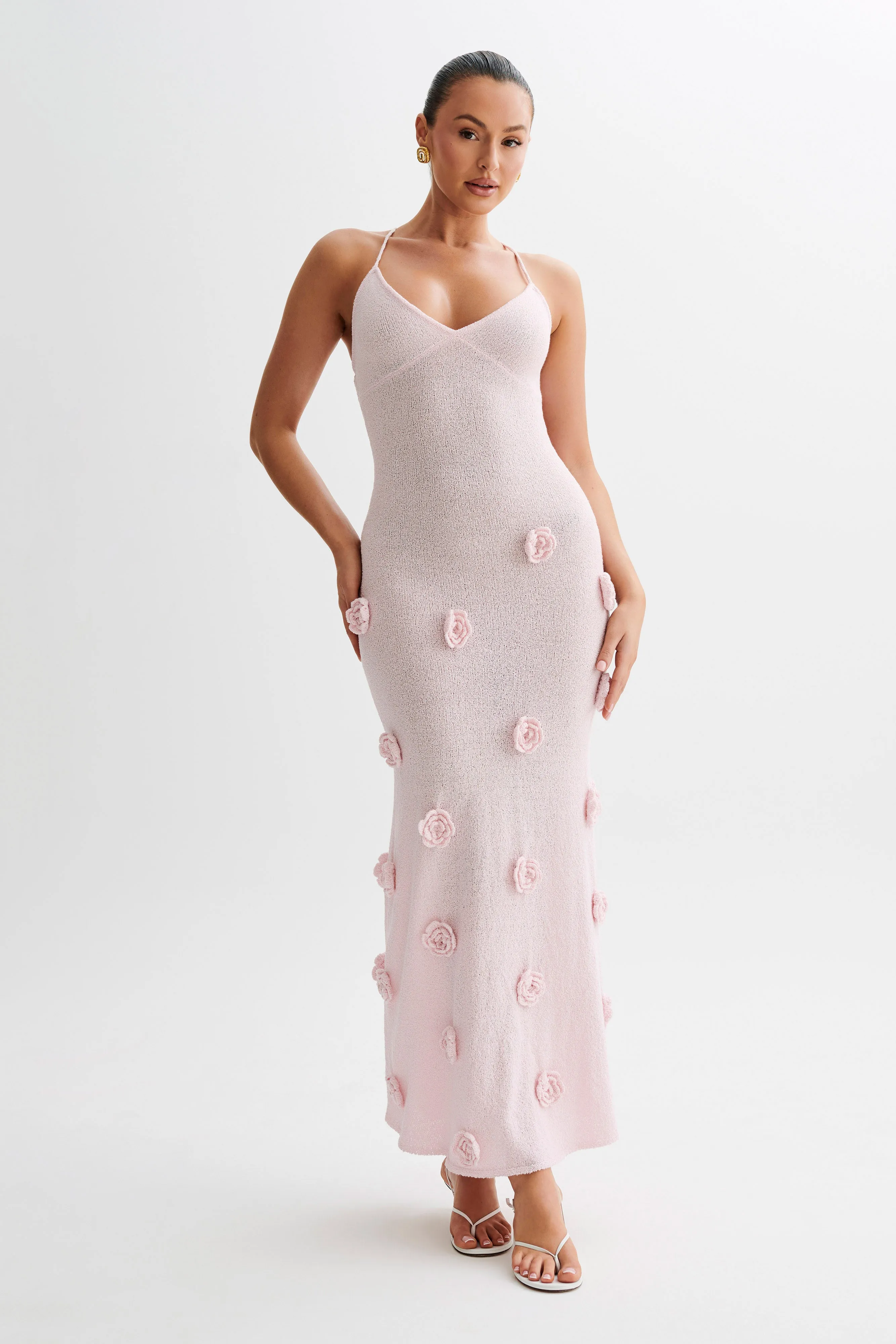 Holiday Wear Suki Knit Maxi Dress With Flowers - Baby Pink