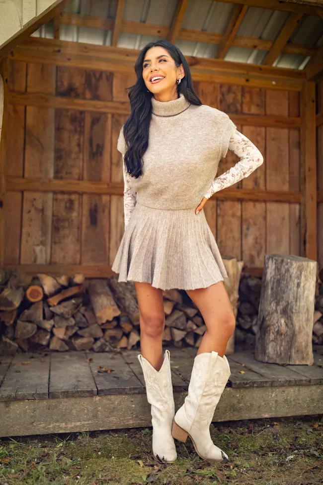 Deb Taupe Turtleneck Sweater Skirt Set Style Layering Split hem