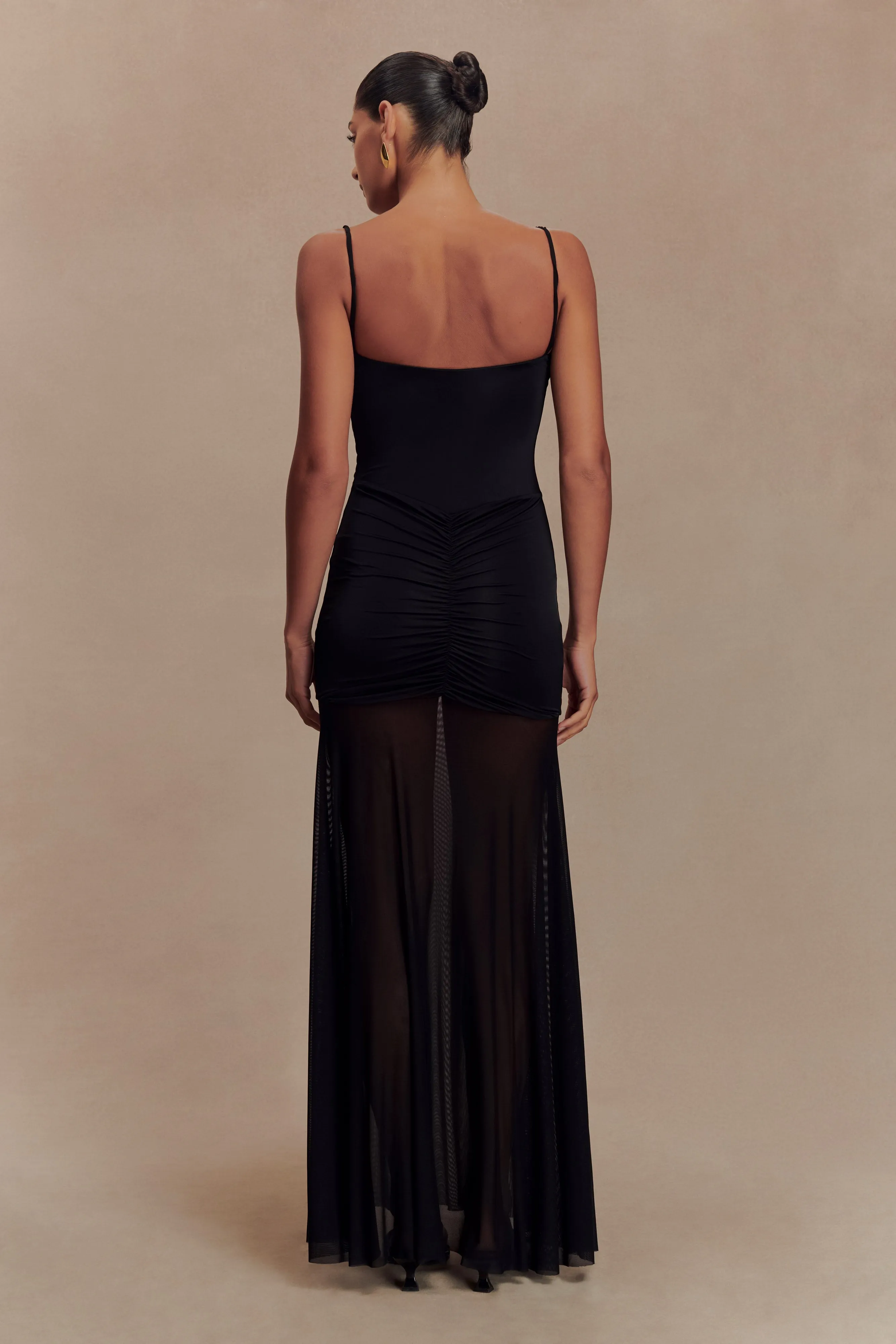 Delaney Slinky And Mesh Maxi Dress - Black Elastic-Waist