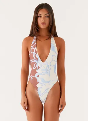Delia One Piece Swimsuit - Bloom Wave Print Lightweight Mesh Panels