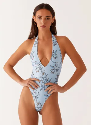 Delia One Piece Swimsuit - Blue Floral Print Color-Blocking