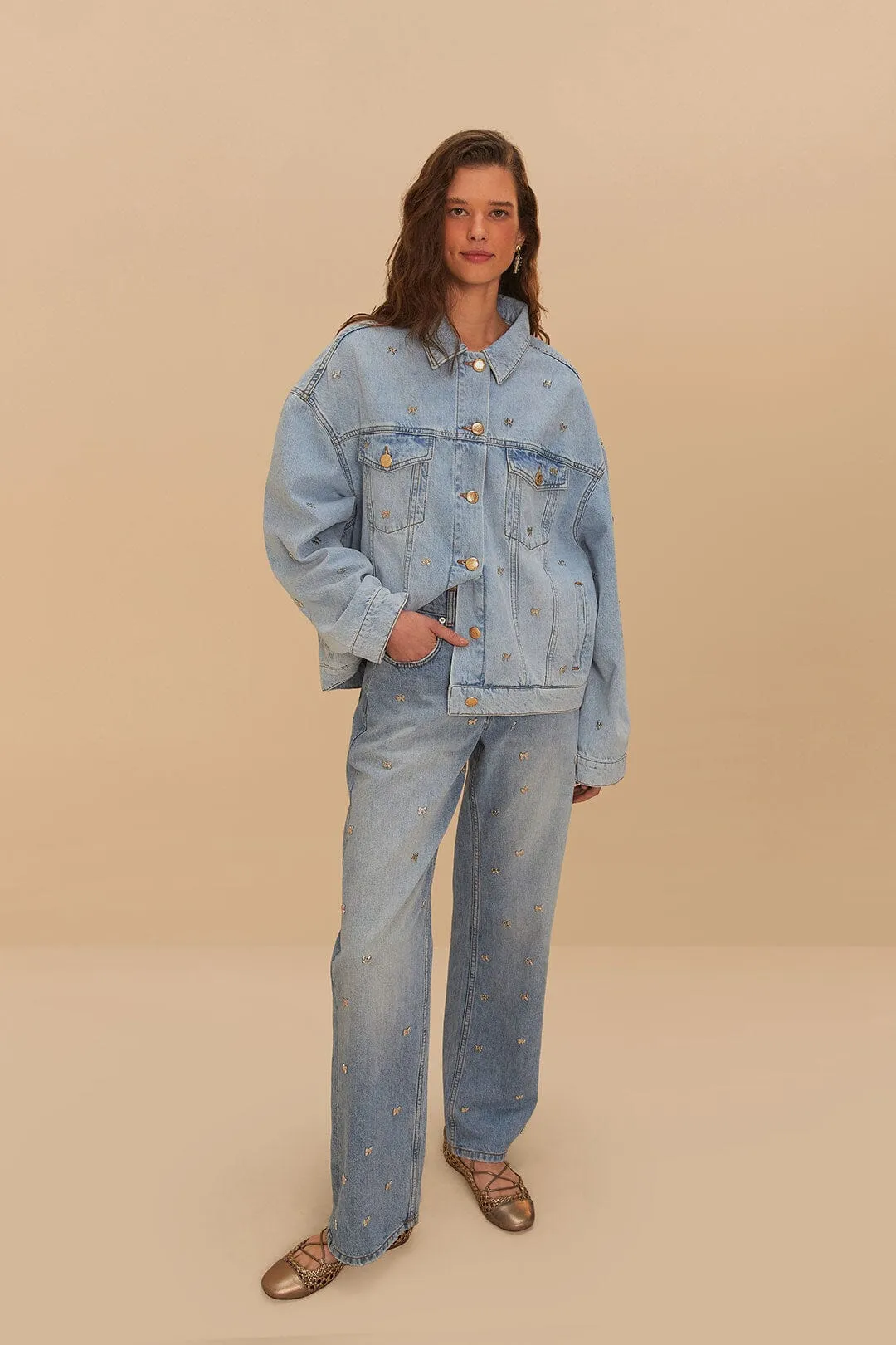 Stylish Waistband Denim Embroidered Bows Pants