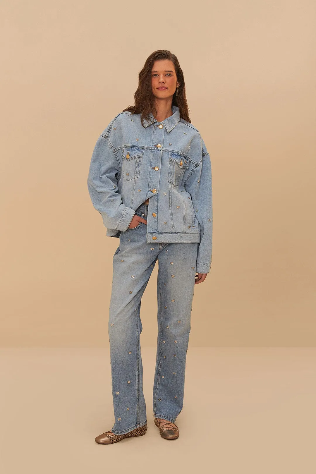 Versatile Comfort SoftLining Denim Embroidered Bows Pants