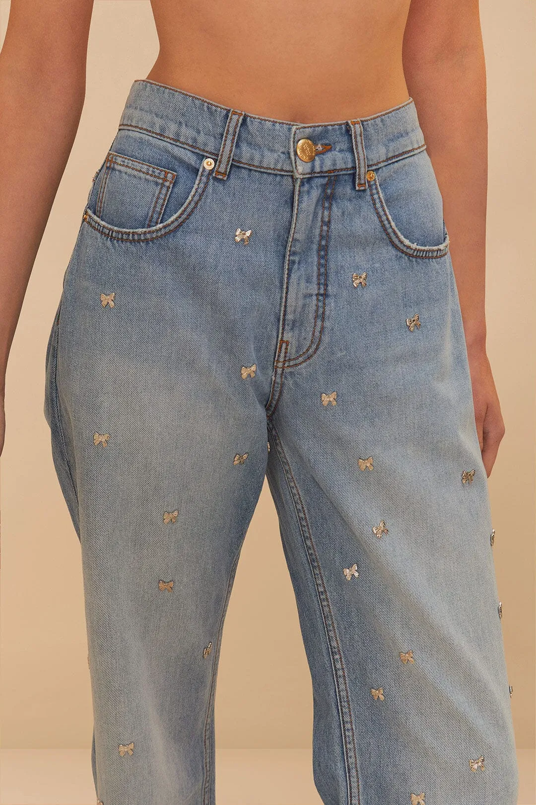 Comfort Style Denim Embroidered Bows Pants