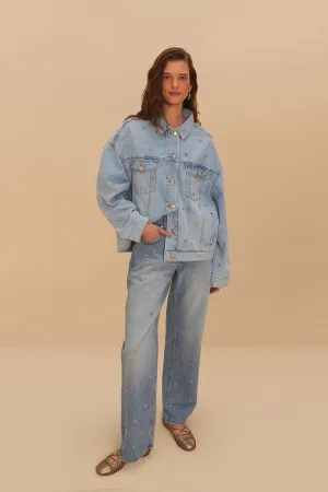 Stylish Waistband Denim Embroidered Bows Pants