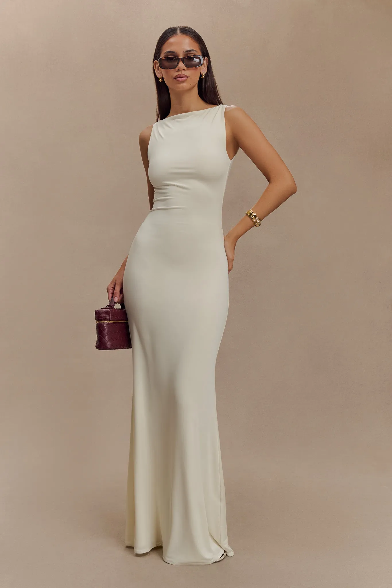 Clean Structure Satin-Sleeve Tarna Sleeveless Slinky Maxi Dress - Bone