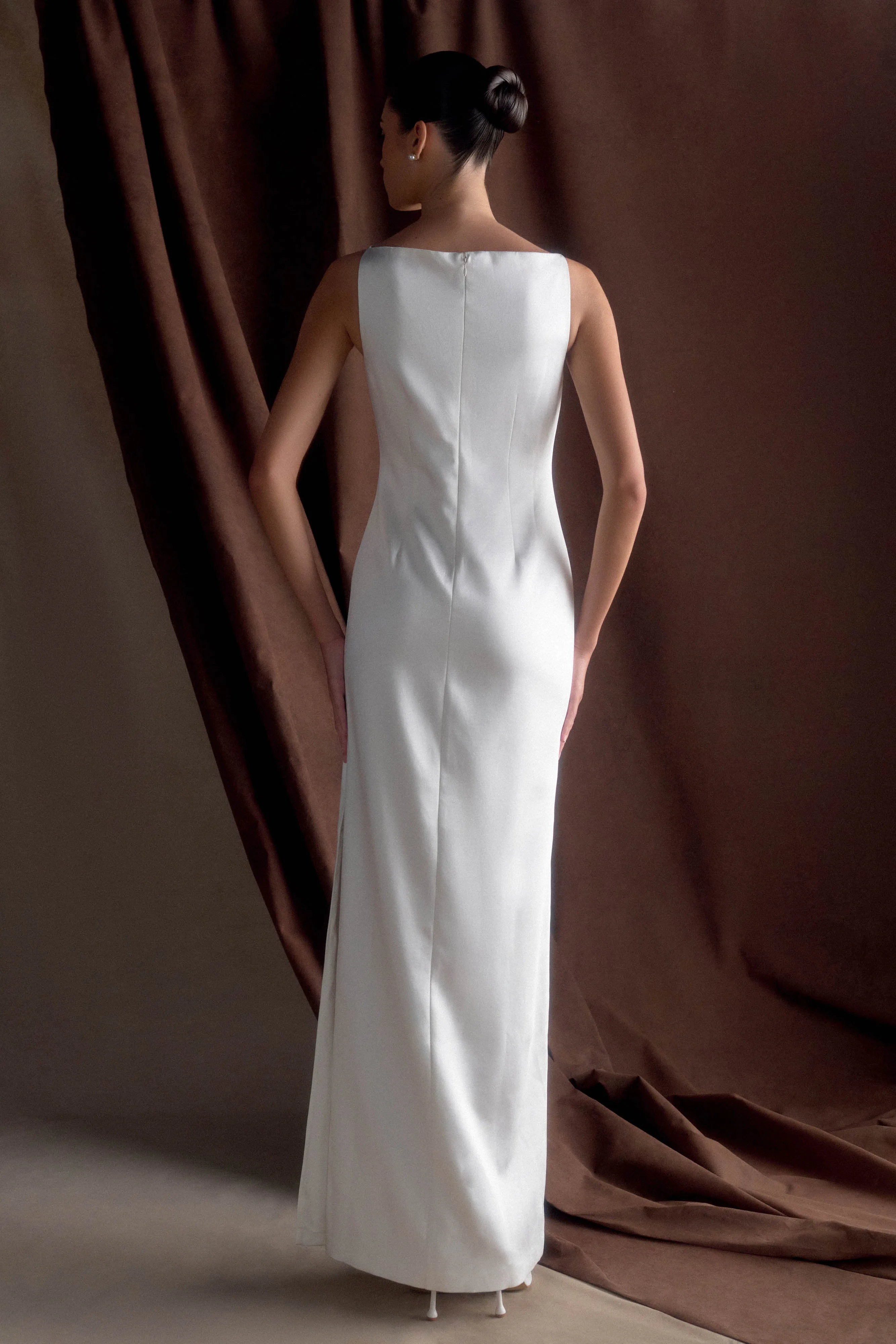 Violet Sleeveless Satin Maxi Dress - White Refined Style