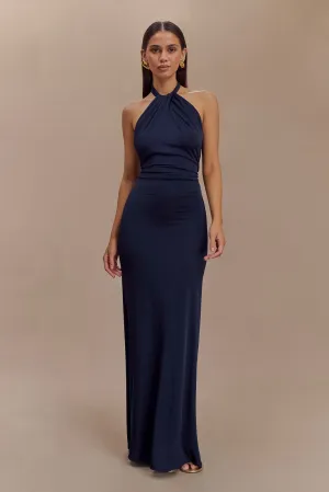 Occasion Wear Vibrant Hue Elyna Slinky Halter Maxi Dress - Navy