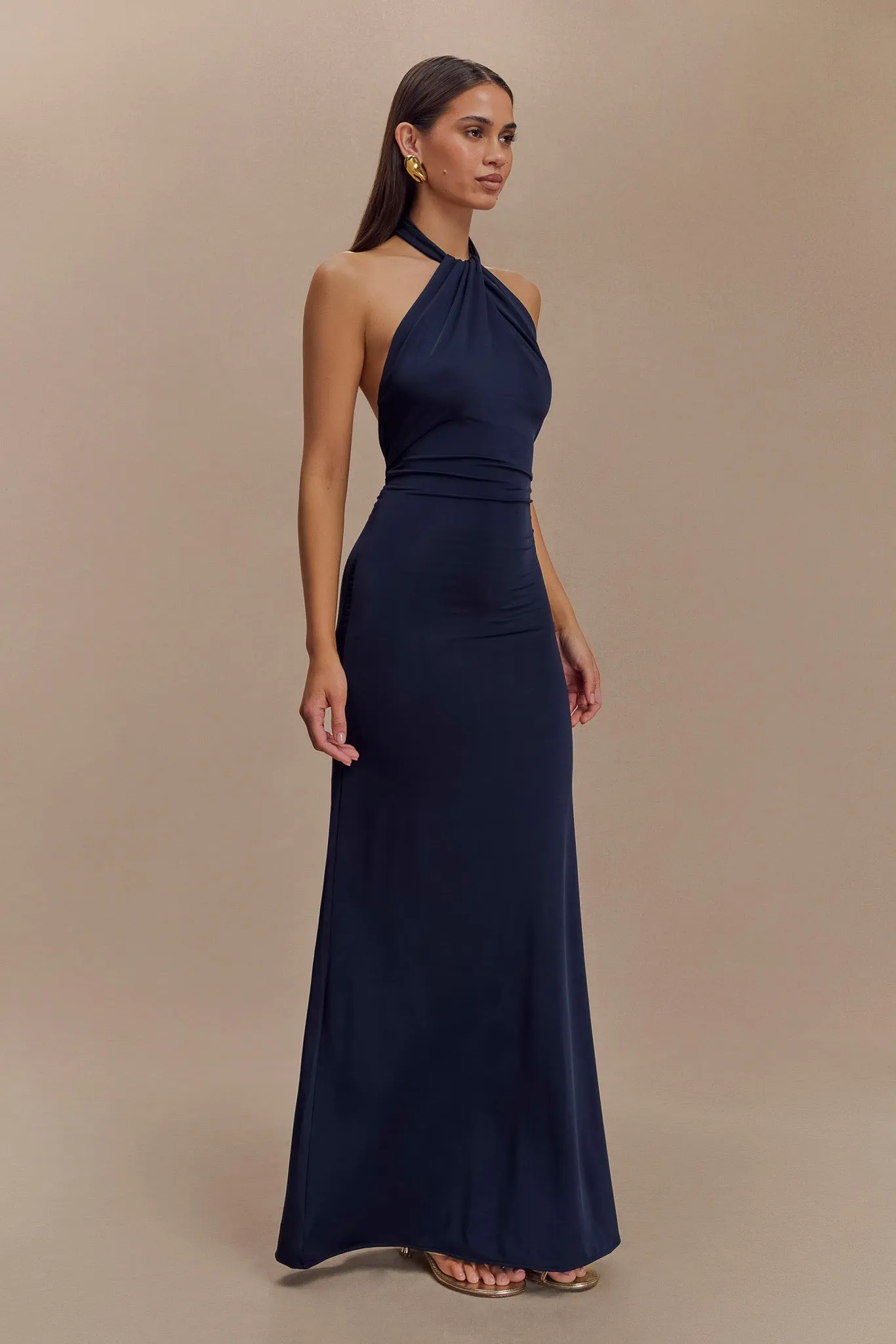 High-Fashion Rose Soft Elyna Slinky Halter Maxi Dress - Navy