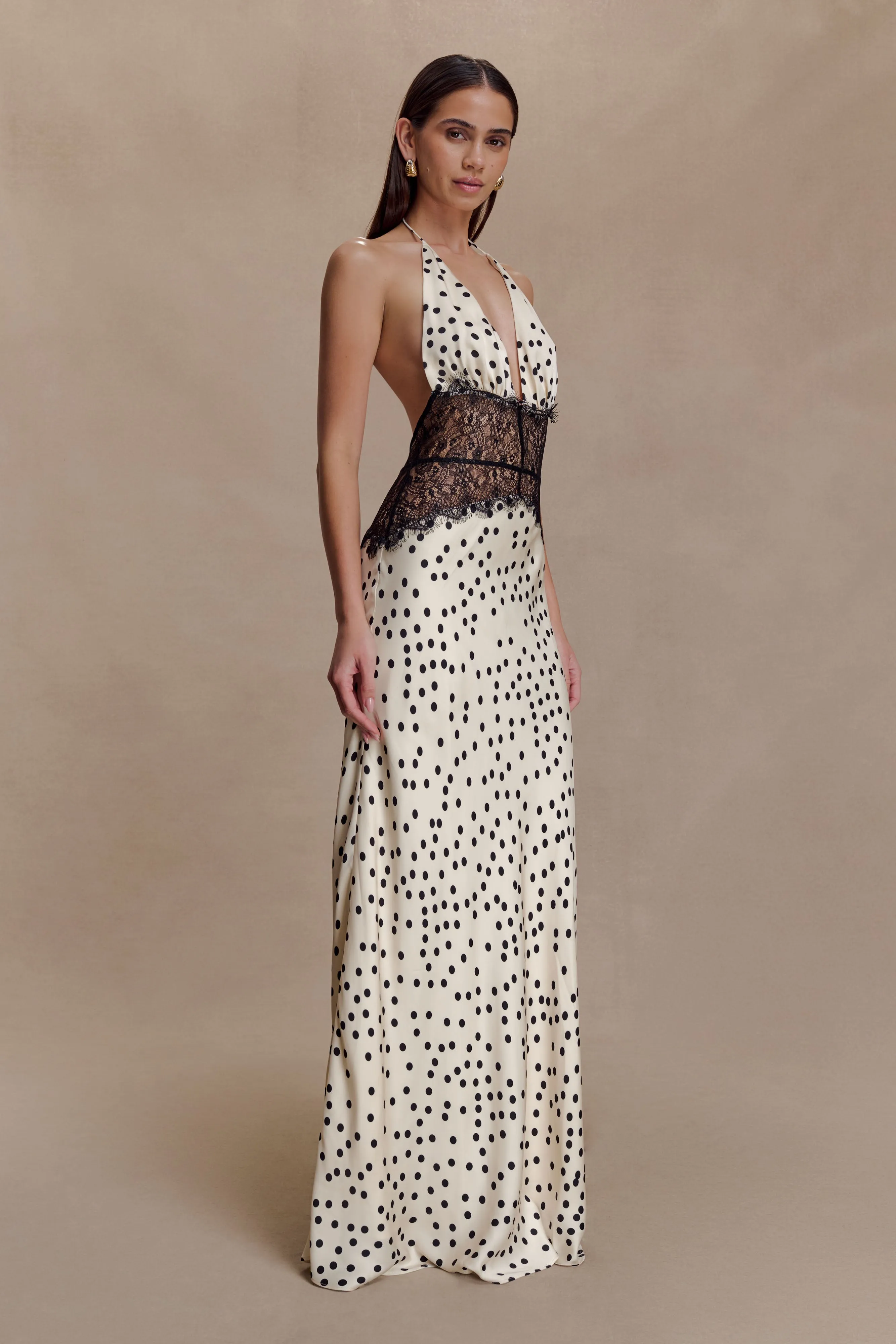 Dinah Lace And Satin Maxi Dress - Polkadot Dance Night Bright Vibe