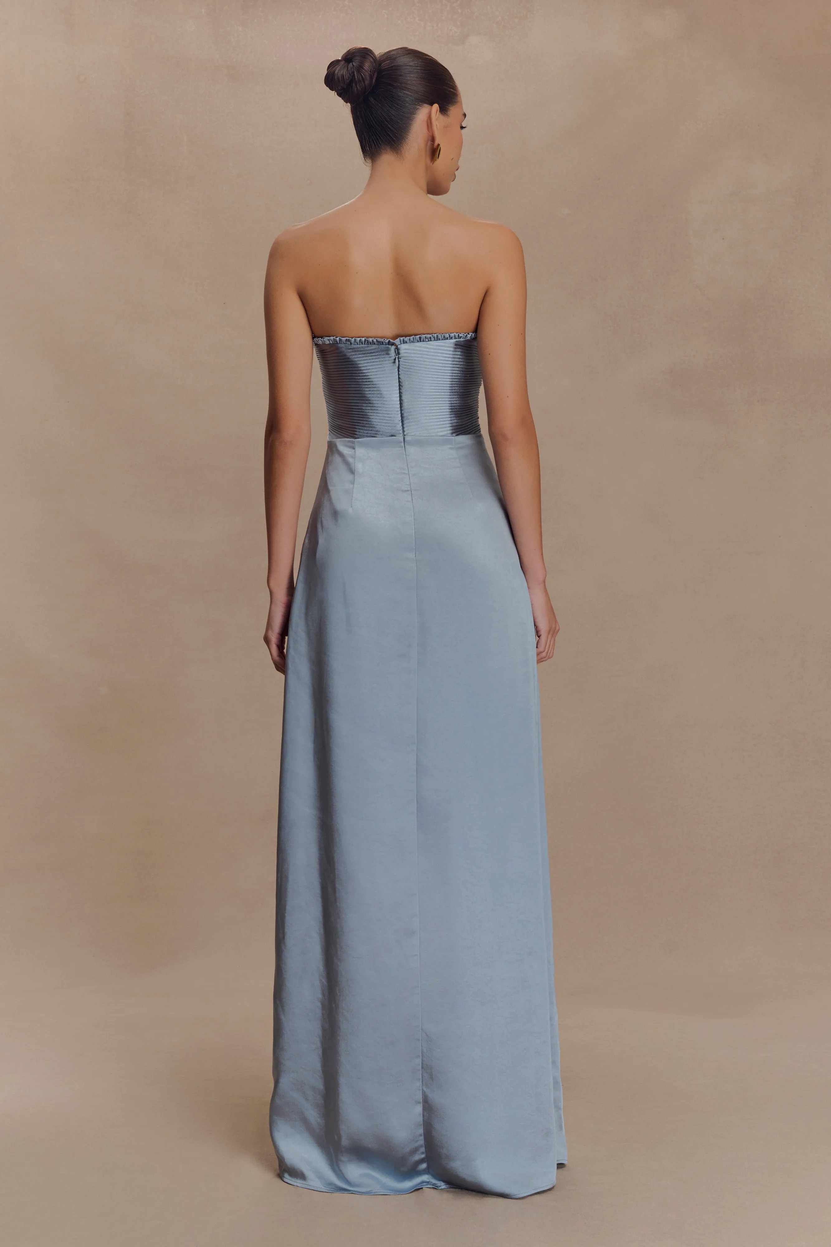 Flattering Shape Larissa Satin Maxi Dress With Ruched Petals - Frosted Blue