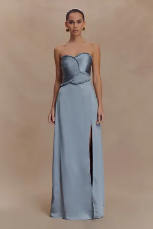 Larissa Satin Maxi Dress With Ruched Petals - Frosted Blue Tiered Skirt Classic-style