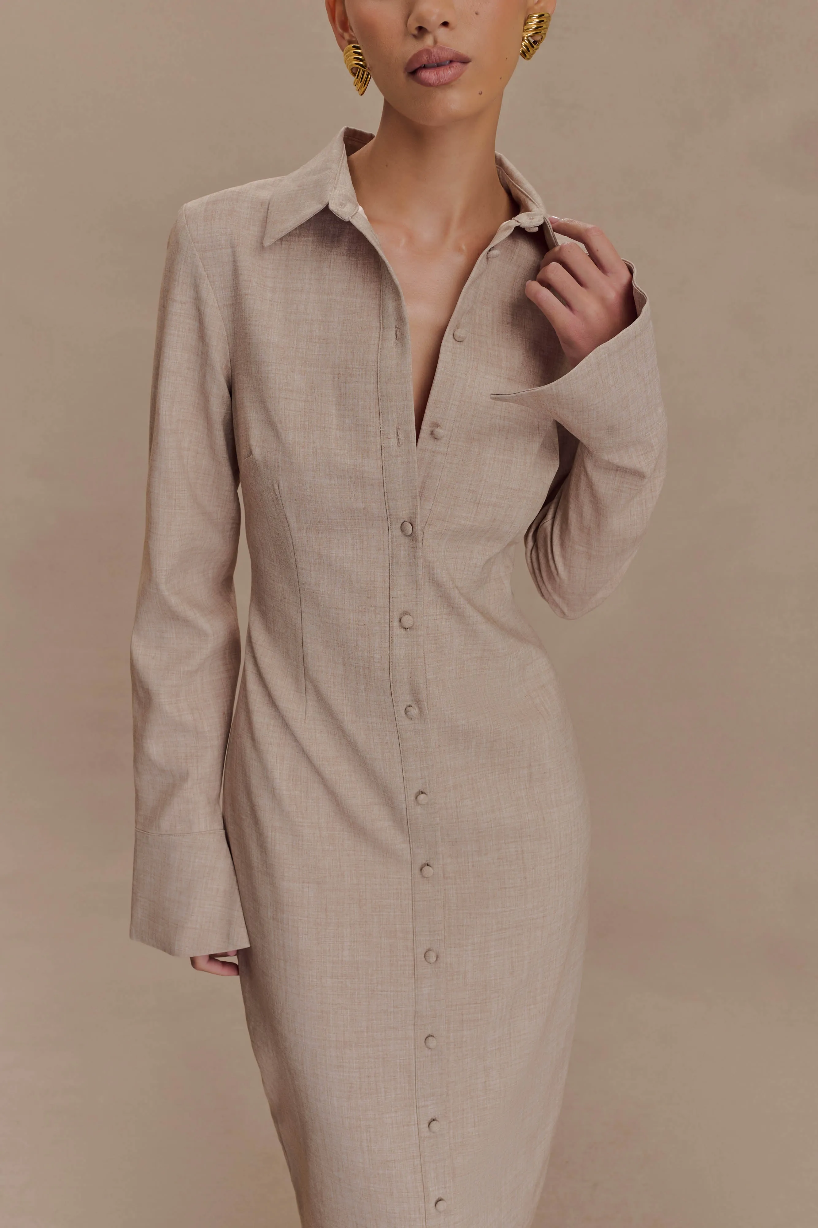 DeepPocketStyle Dorian Fitted Shirt Midi Dress - Wheat Marle