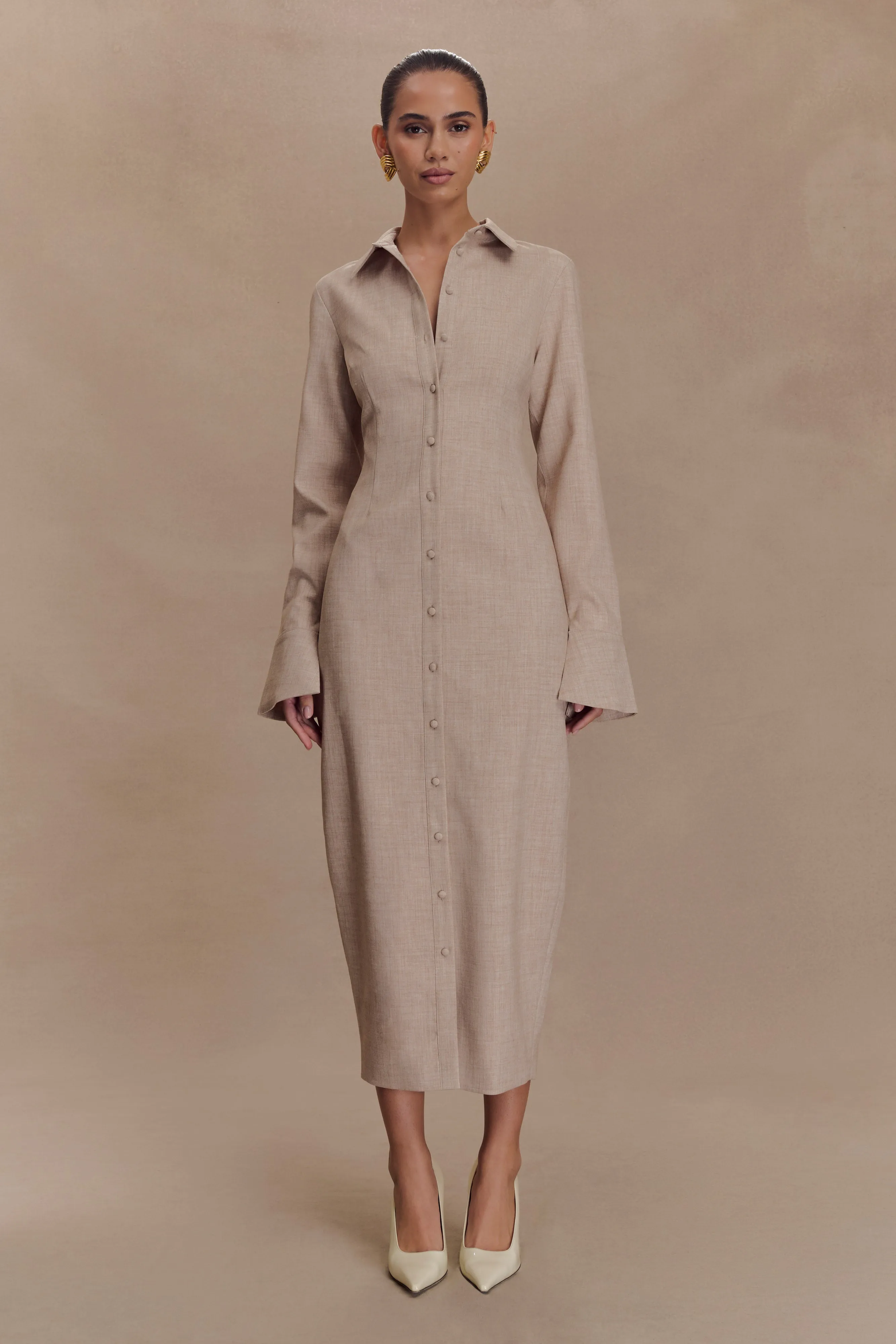Dorian Fitted Shirt Midi Dress - Wheat Marle TaglessDesign