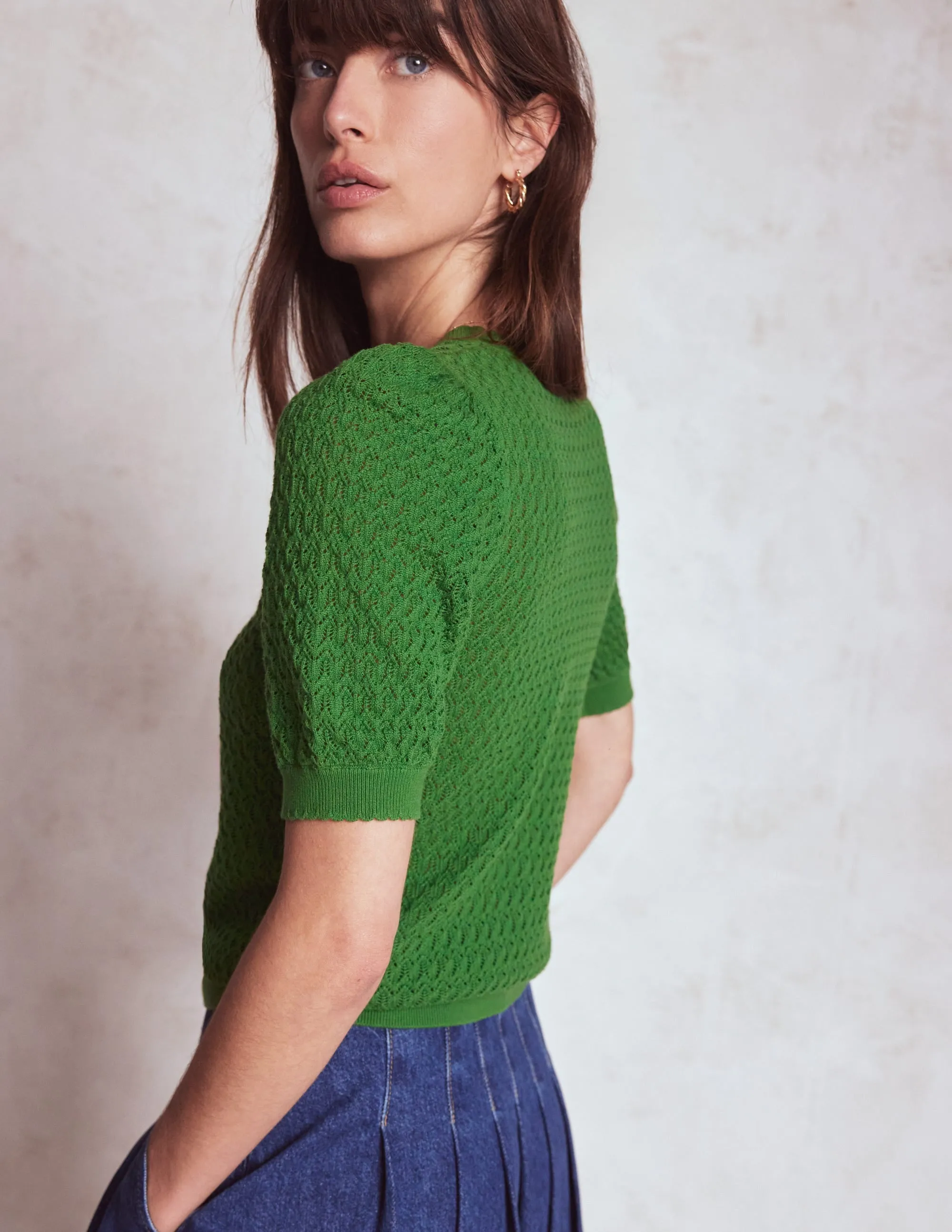 Simple Layer Dimensional Stability Dot Pointelle Cardigan-Iguana Green