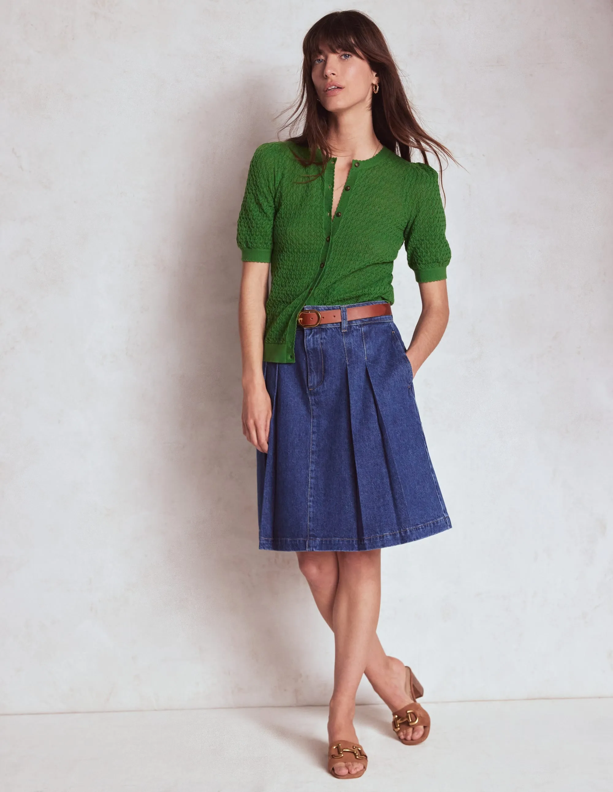 Dot Pointelle Cardigan-Iguana Green Reinforced Edging Polo Neckline