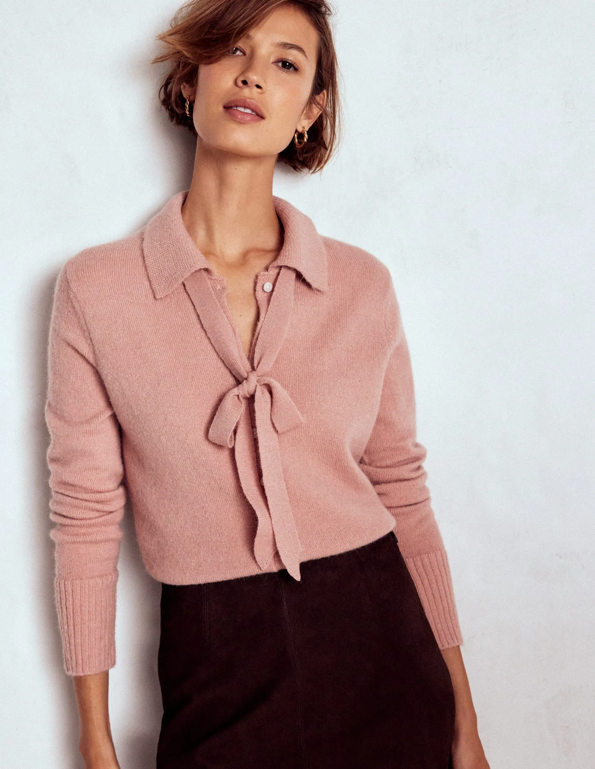 Collared Tie Front Cardigan-Misty Rose Pink Home Style Cozy Finish