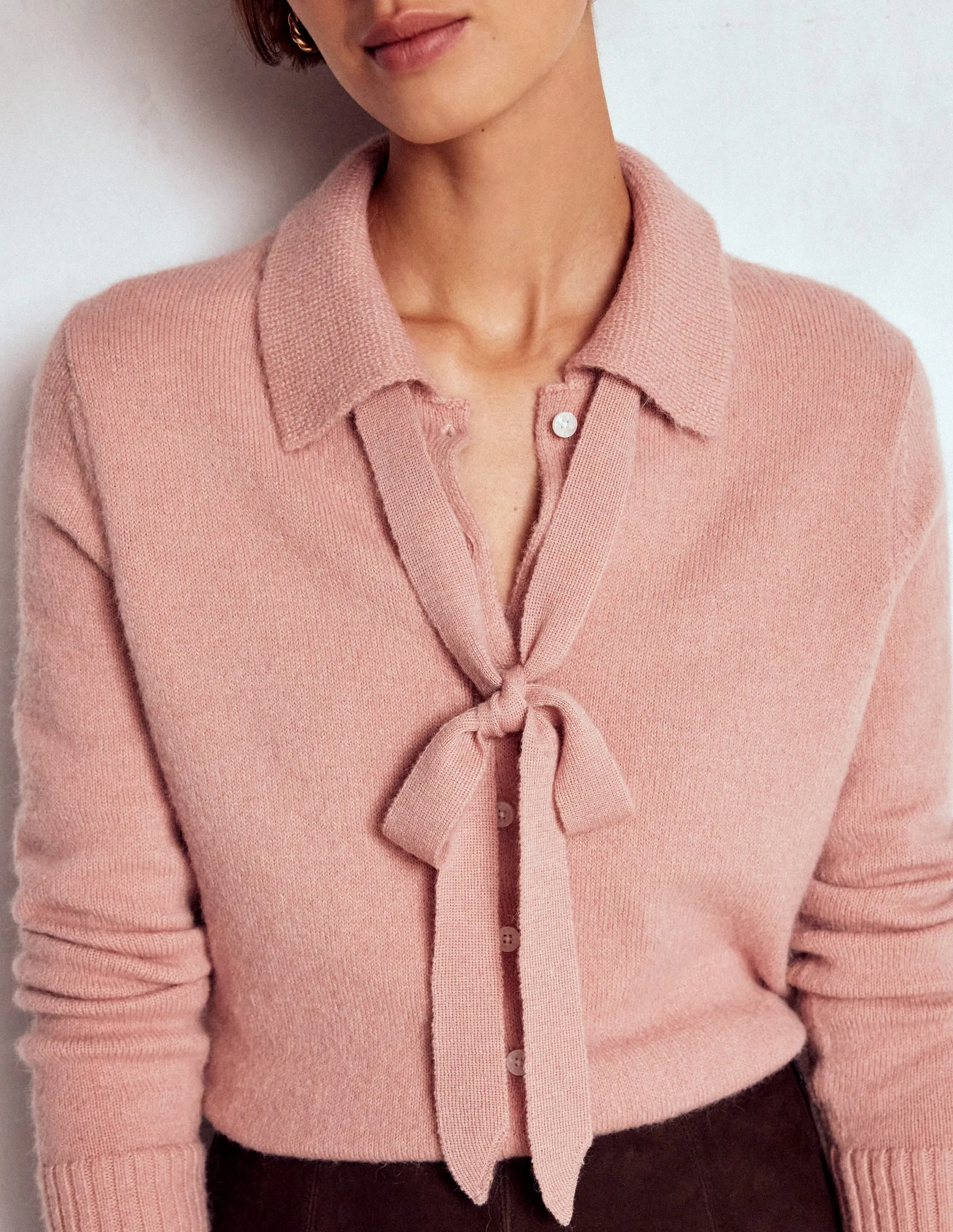 Collared Tie Front Cardigan-Misty Rose Pink Cold Season