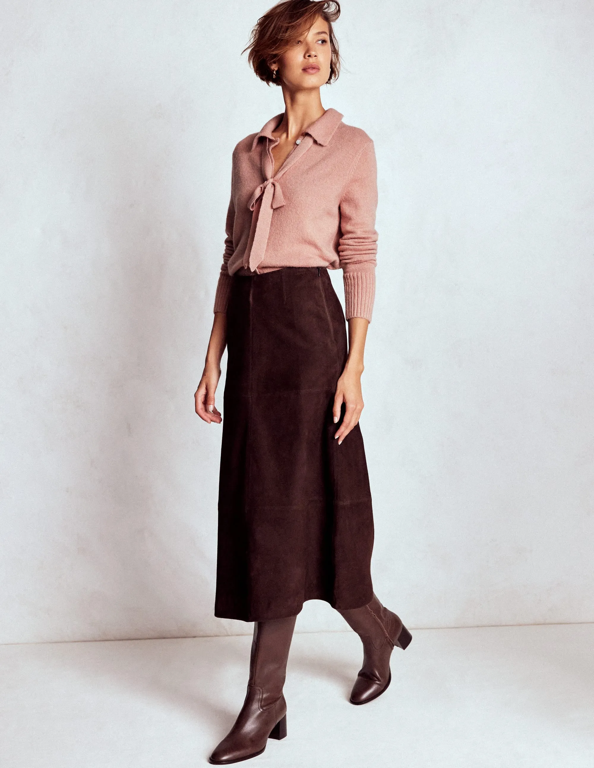 Collared Tie Front Cardigan-Misty Rose Pink Relaxed casual fit