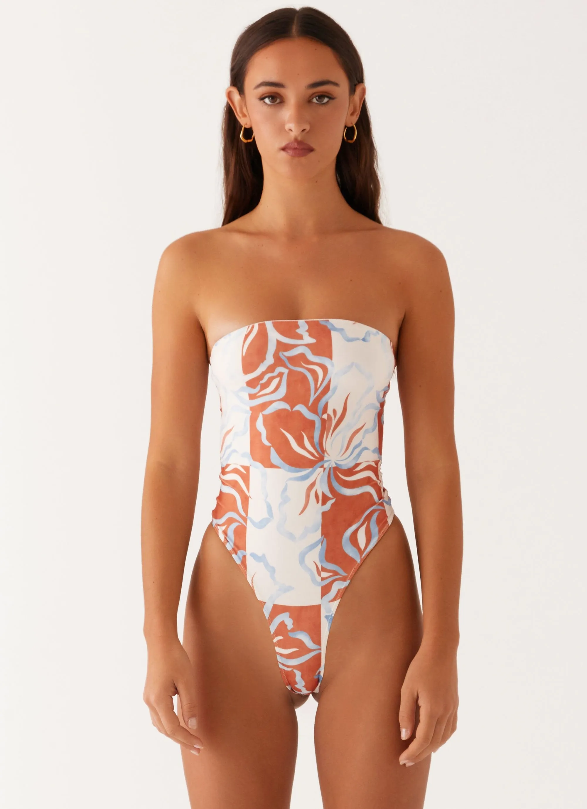 Maxine Strapless One Piece Swimsuit - Orange Blue Floral Buttery Soft Texture Poolside Look