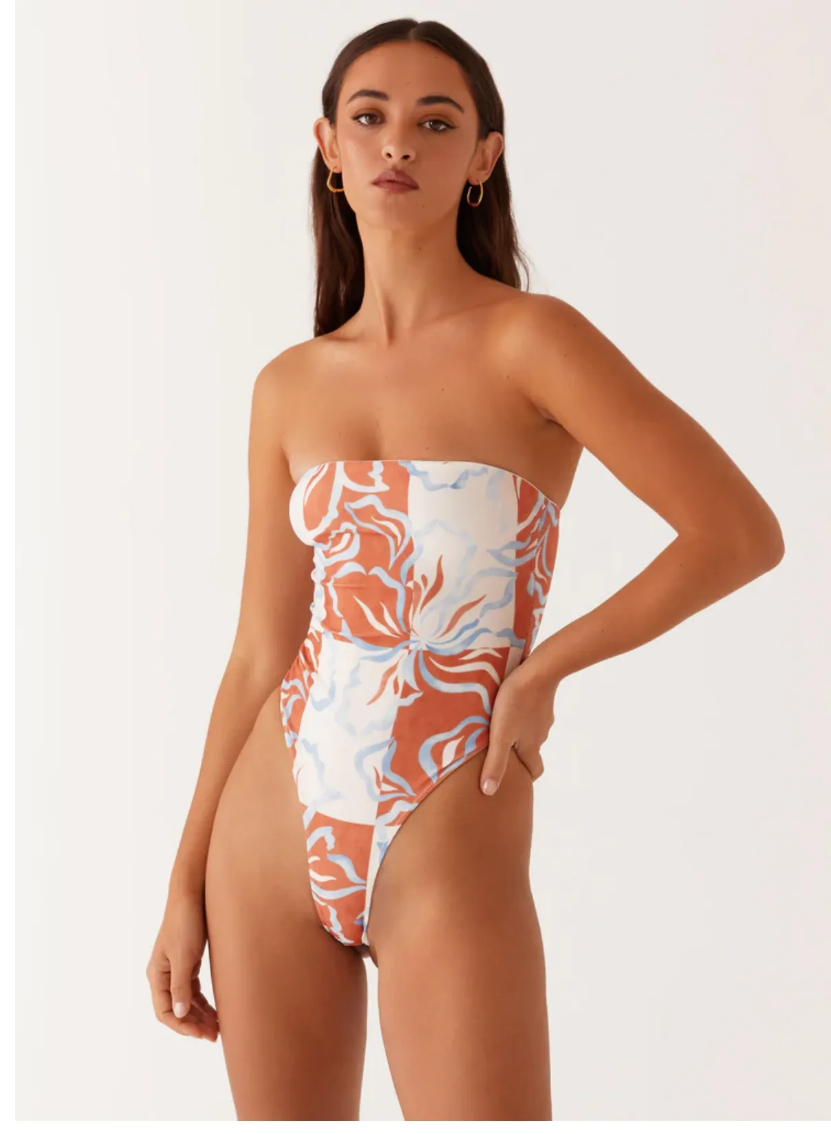 Antimicrobial Treatment Girls Trip Maxine Strapless One Piece Swimsuit - Orange Blue Floral