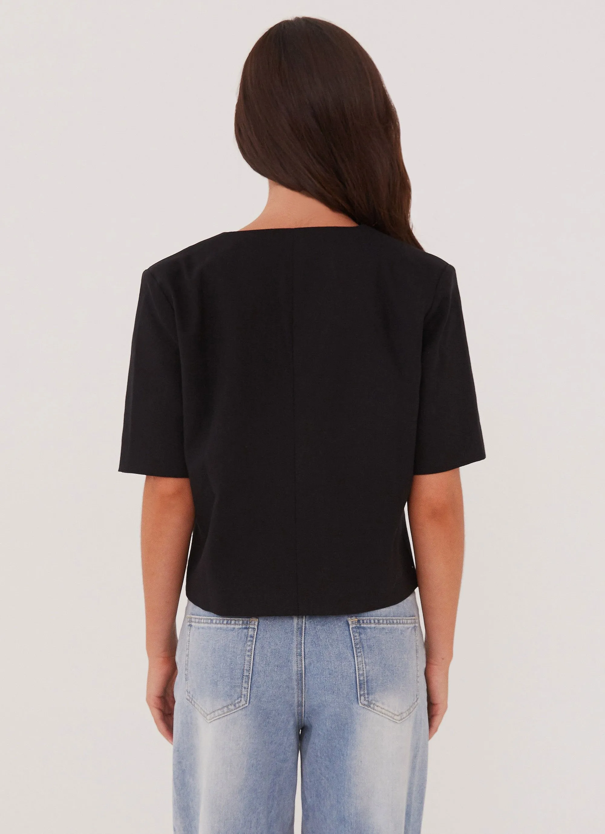 Hacienda Linen Short Sleeve Blazer - Black Flat Lock Stitching