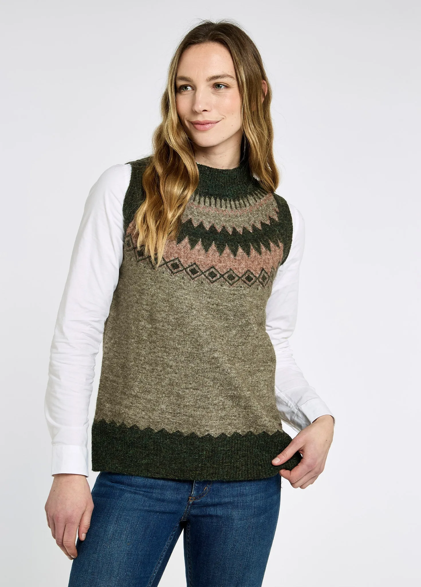 Daily Ready Simple Outfit Doyle Women's Fair Isle pattern vest - Olive