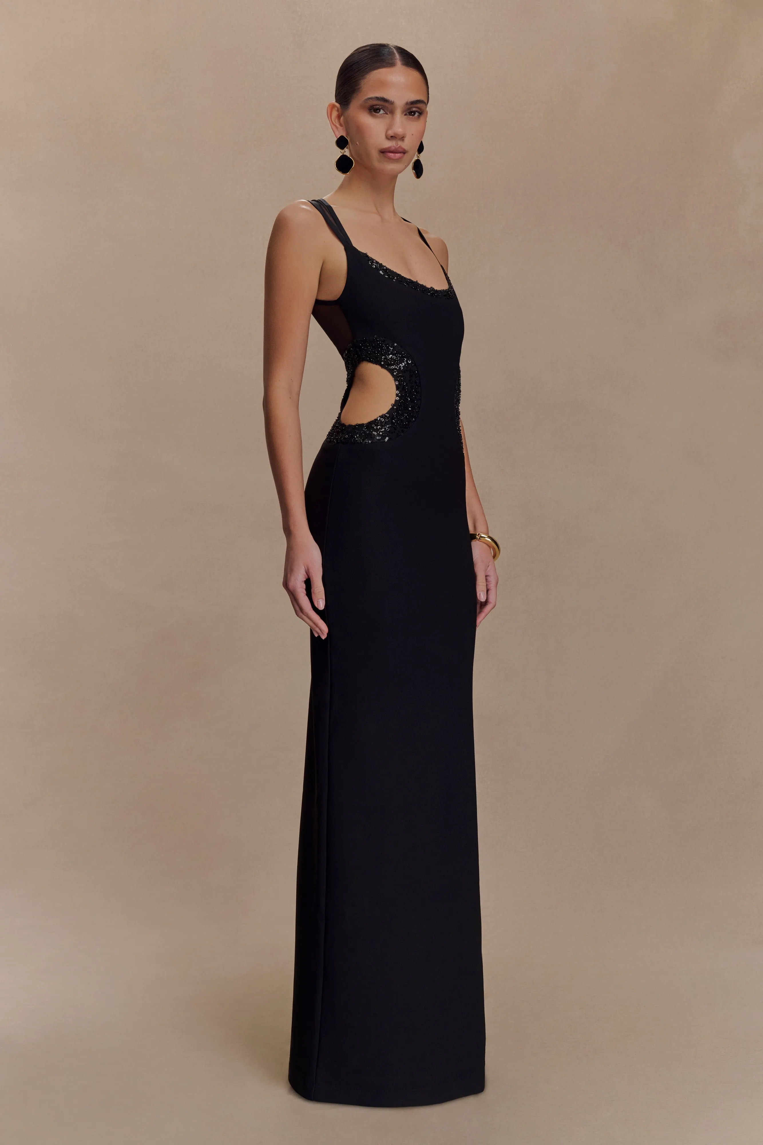 Statement-Buttons Angelique Beaded Crepe Maxi Dress - Black