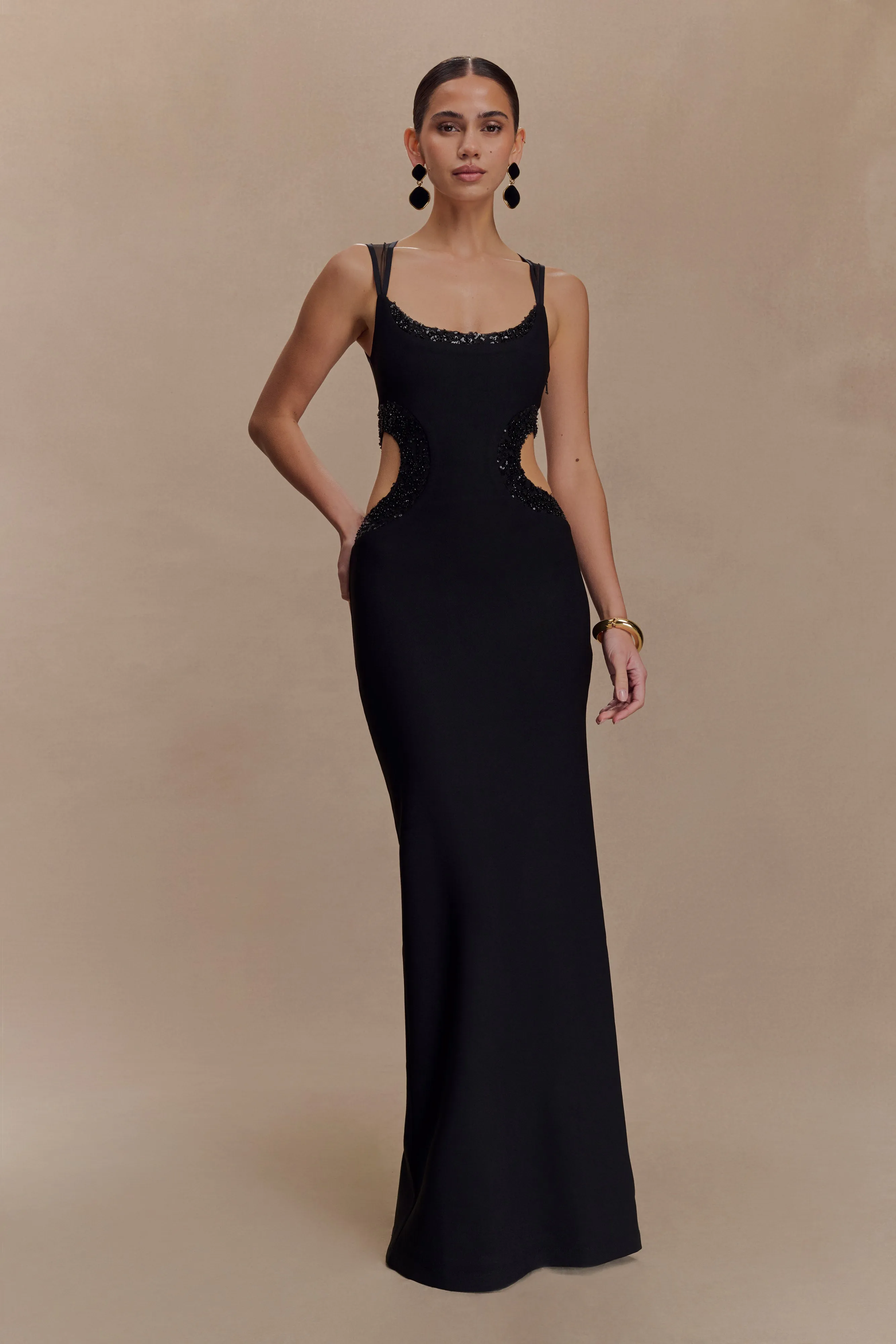 Travel Essential Angelique Beaded Crepe Maxi Dress - Black