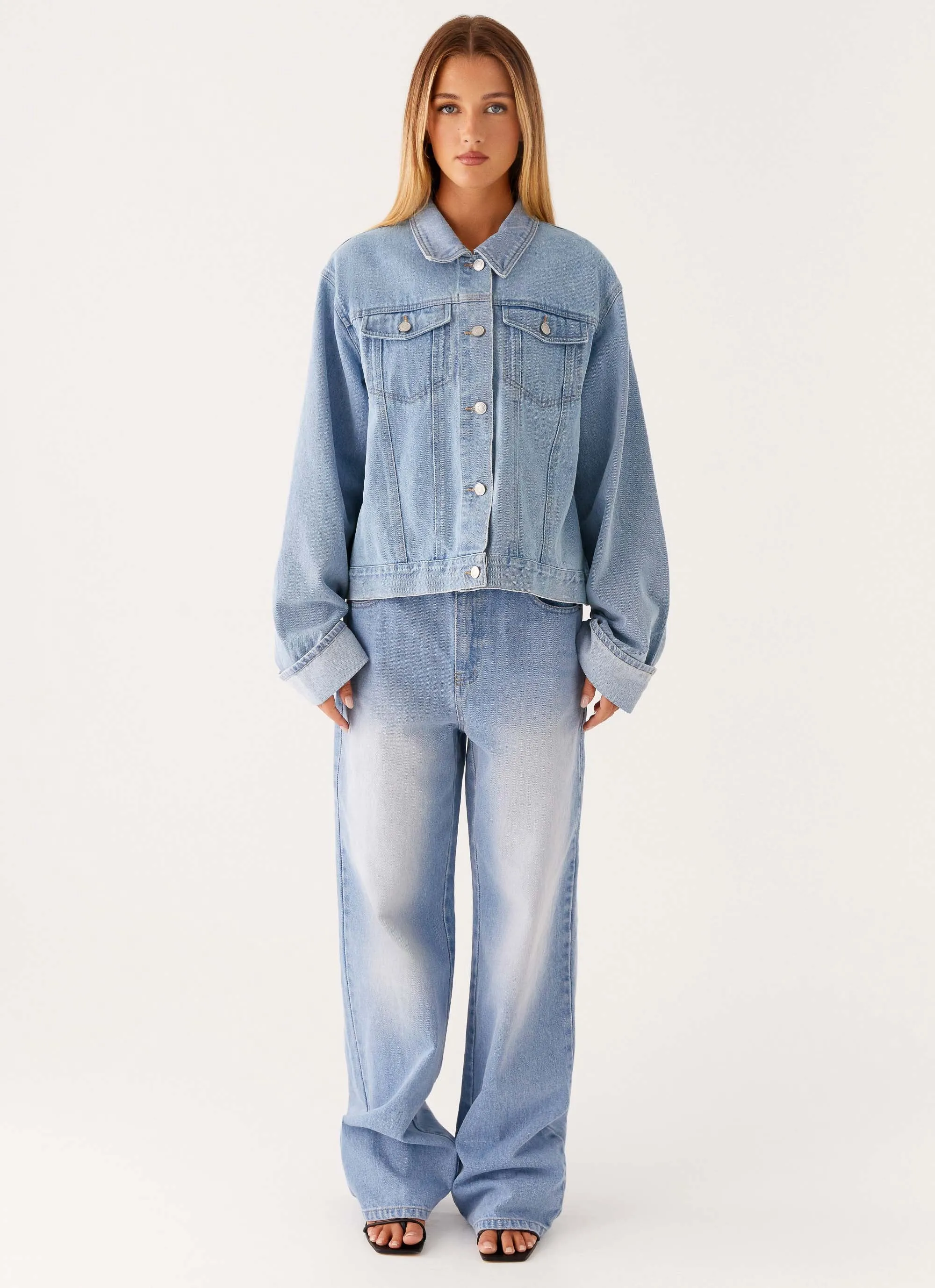 Back Again Oversized Denim Jacket - Light Wash Blue Fit For Travel Articulated Elbows