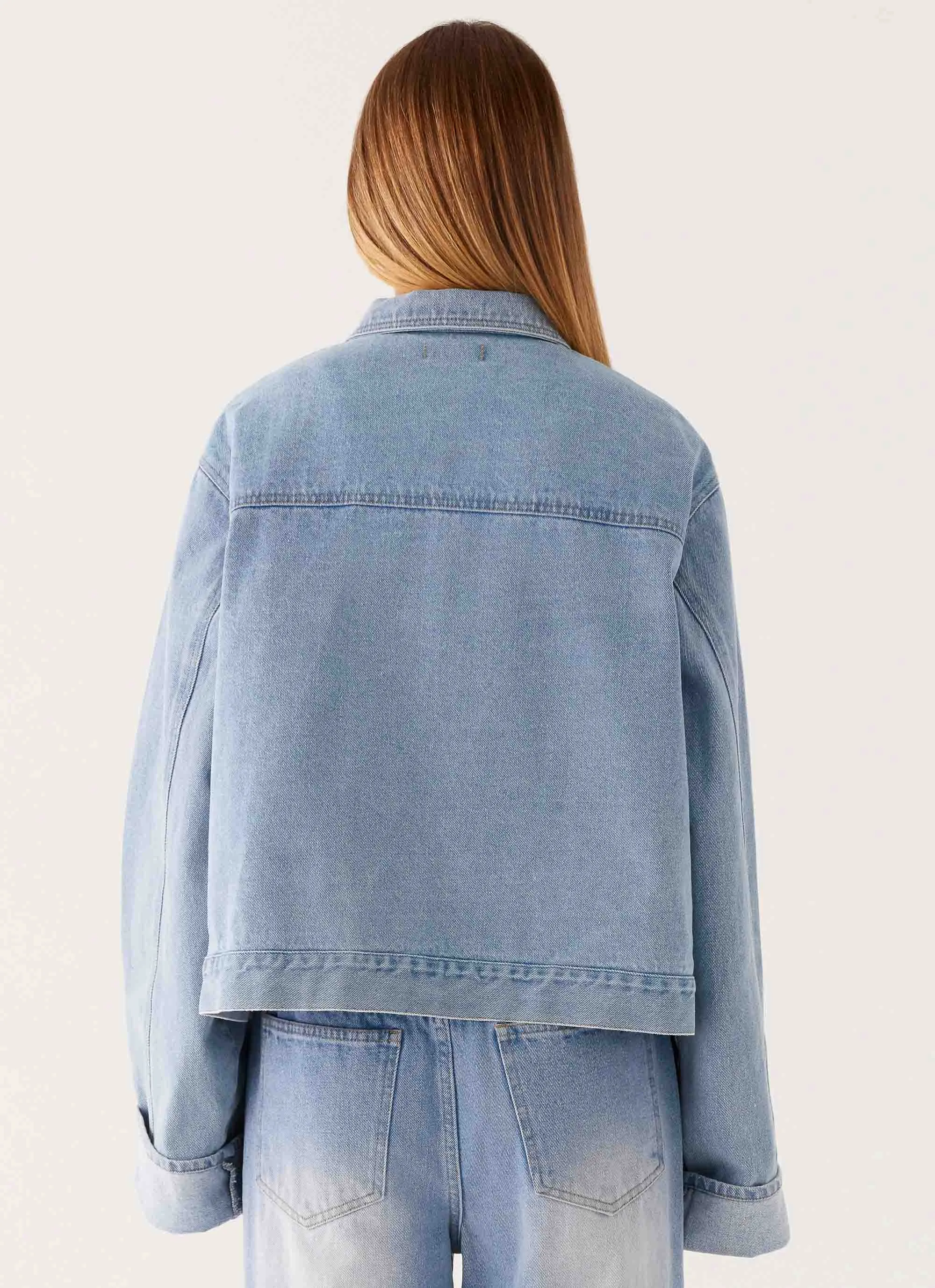 All Day Wear Puffer Design Back Again Oversized Denim Jacket - Light Wash Blue